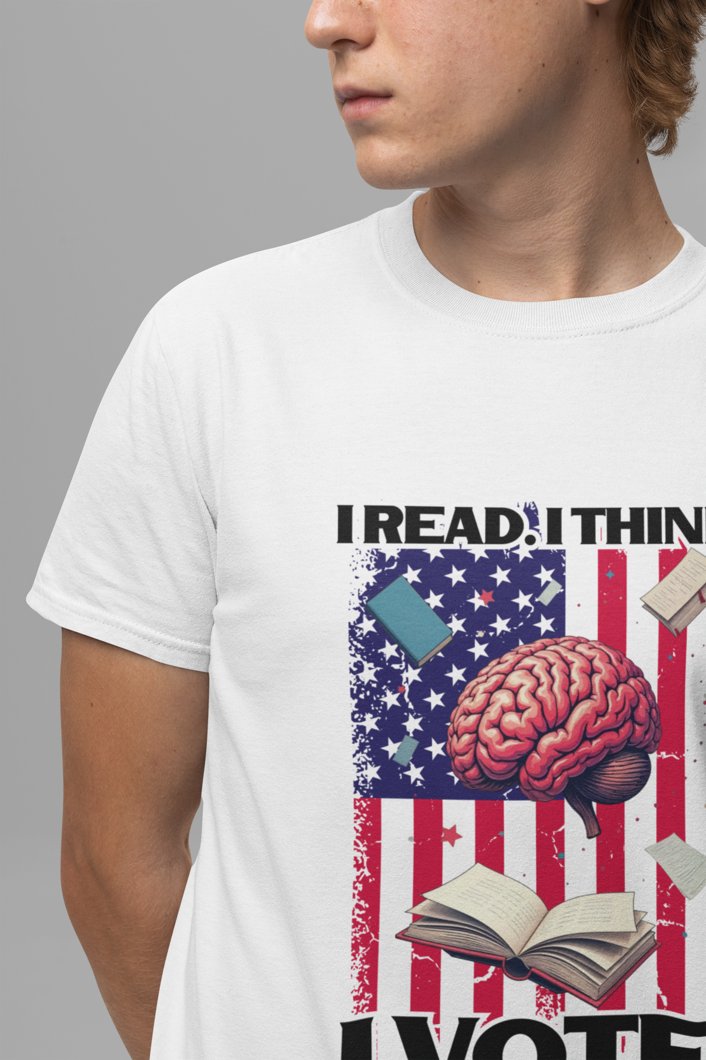 I READ I THINK I VOTE - Flag, Books & Brain Graphic T-Shirt