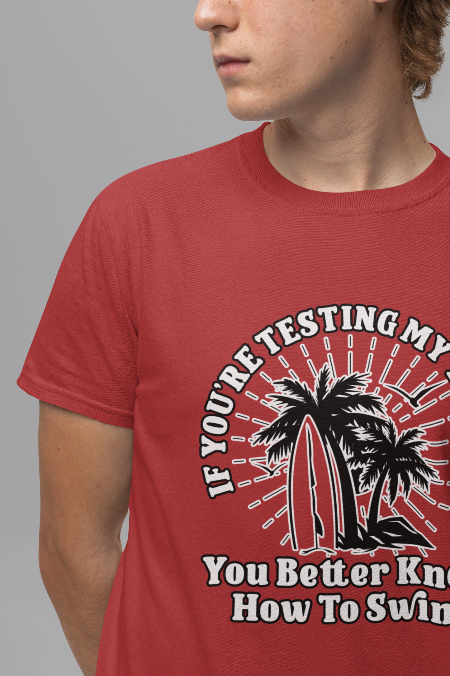Test My Waters Surf T-Shirt – Beach Palm Trees & Rocks Graphic with Bold Quote
