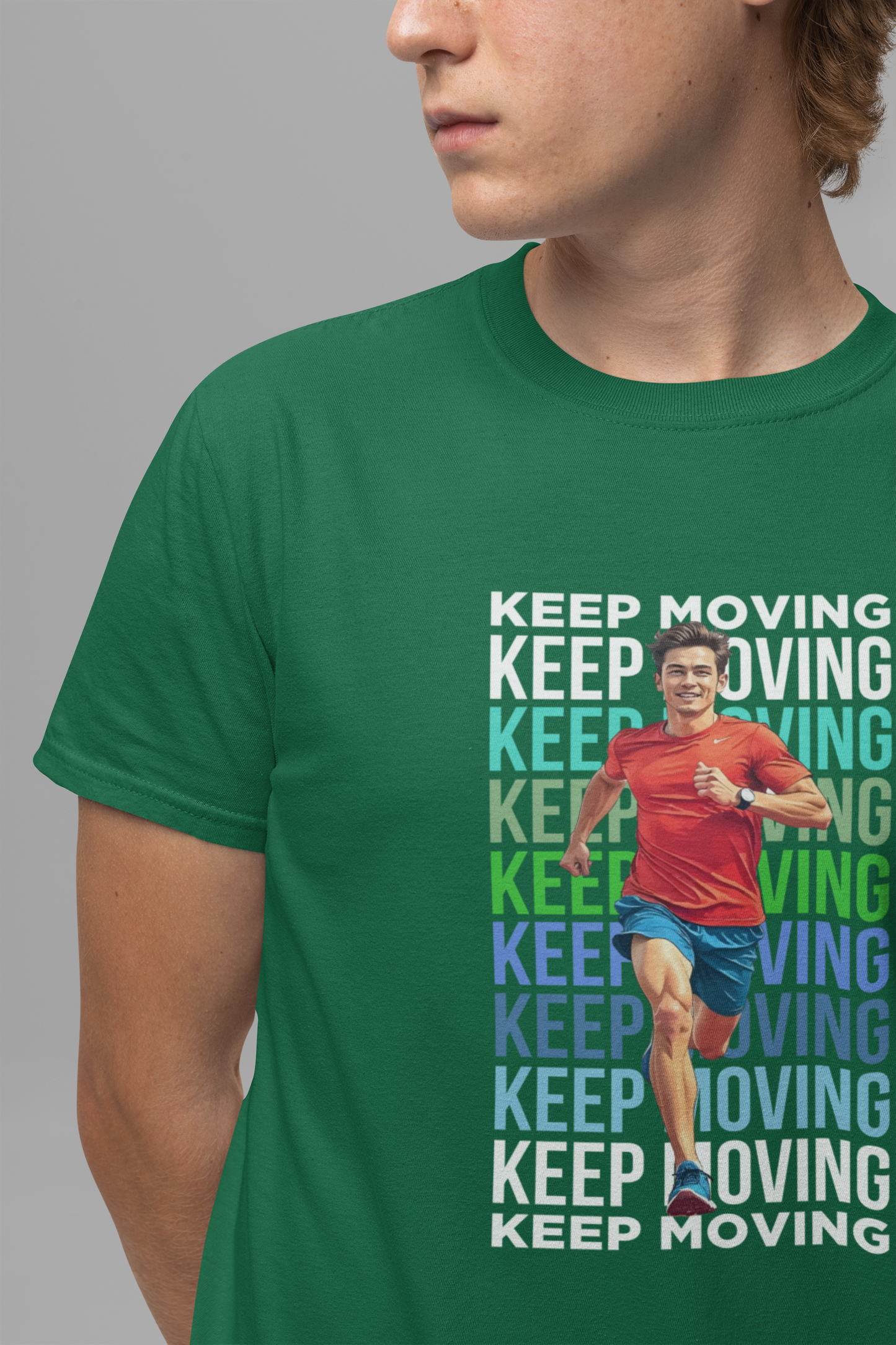 Keep Moving – Determination and Progress Man Running Motivational Graphic T-Shirt
