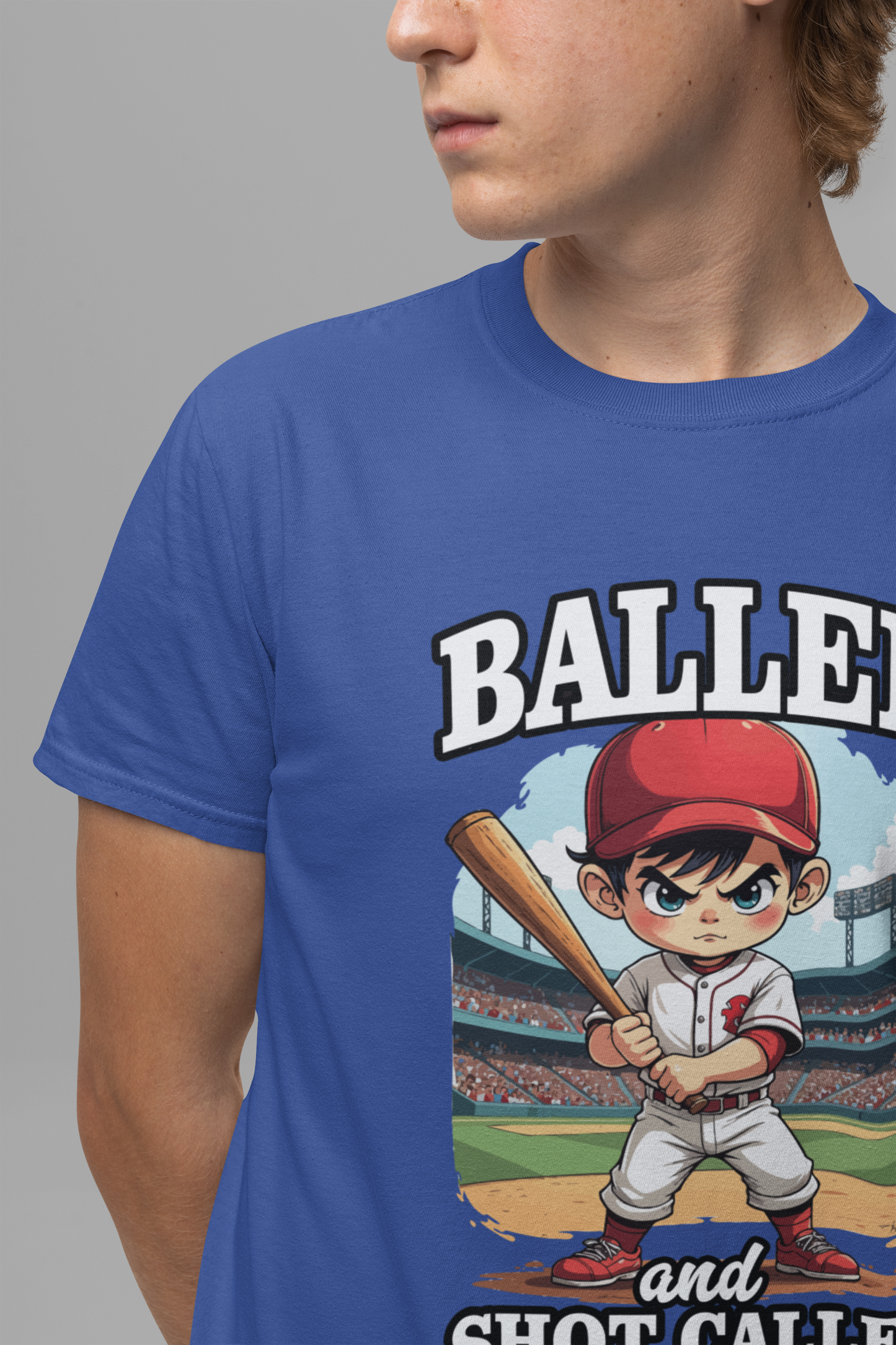Baller And Short Caller Tshirt young baseball player standing confidently on the pitch