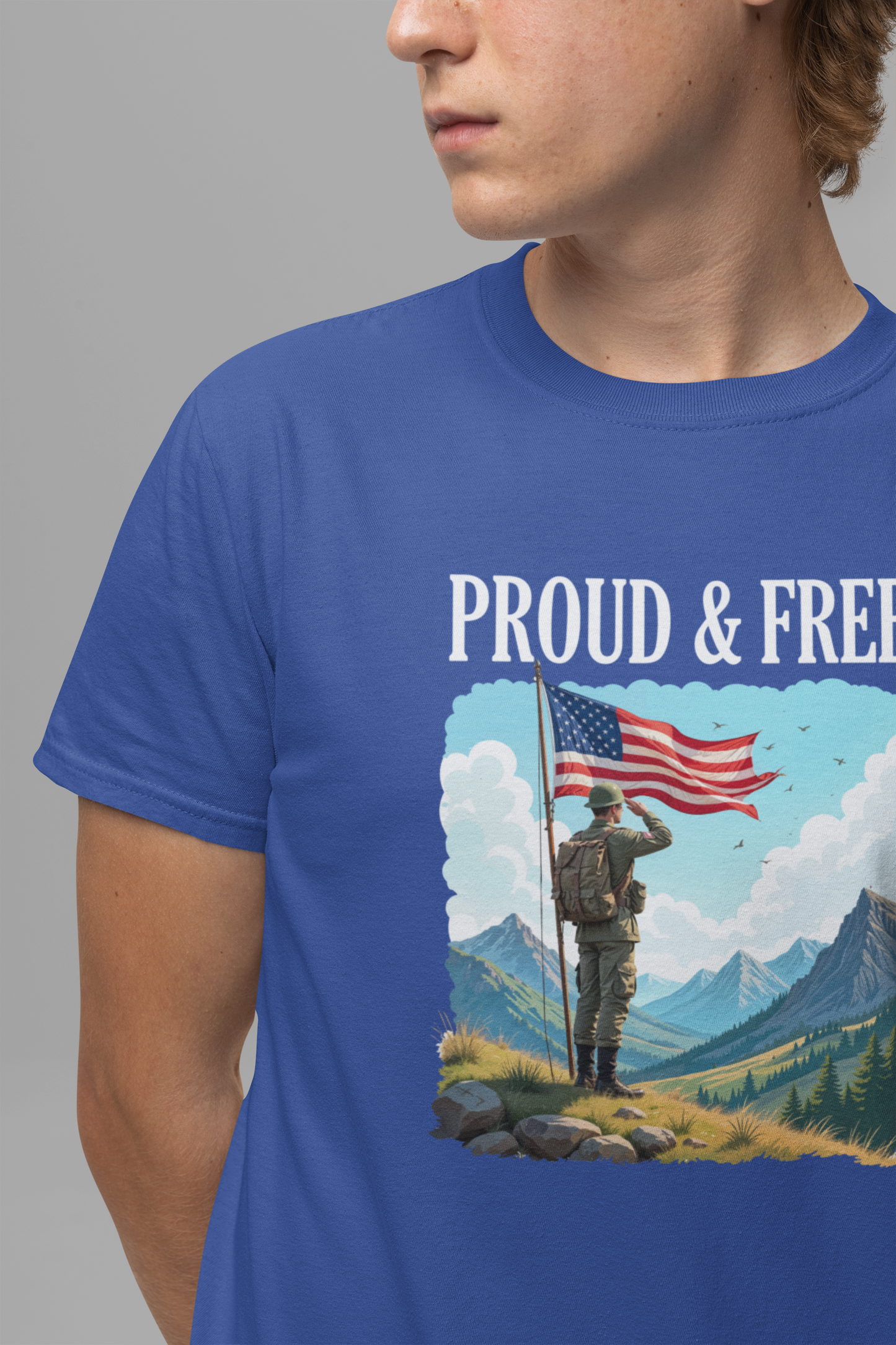 Proud and Free | Patriotic US Flag & Soldier Salute T-Shirt