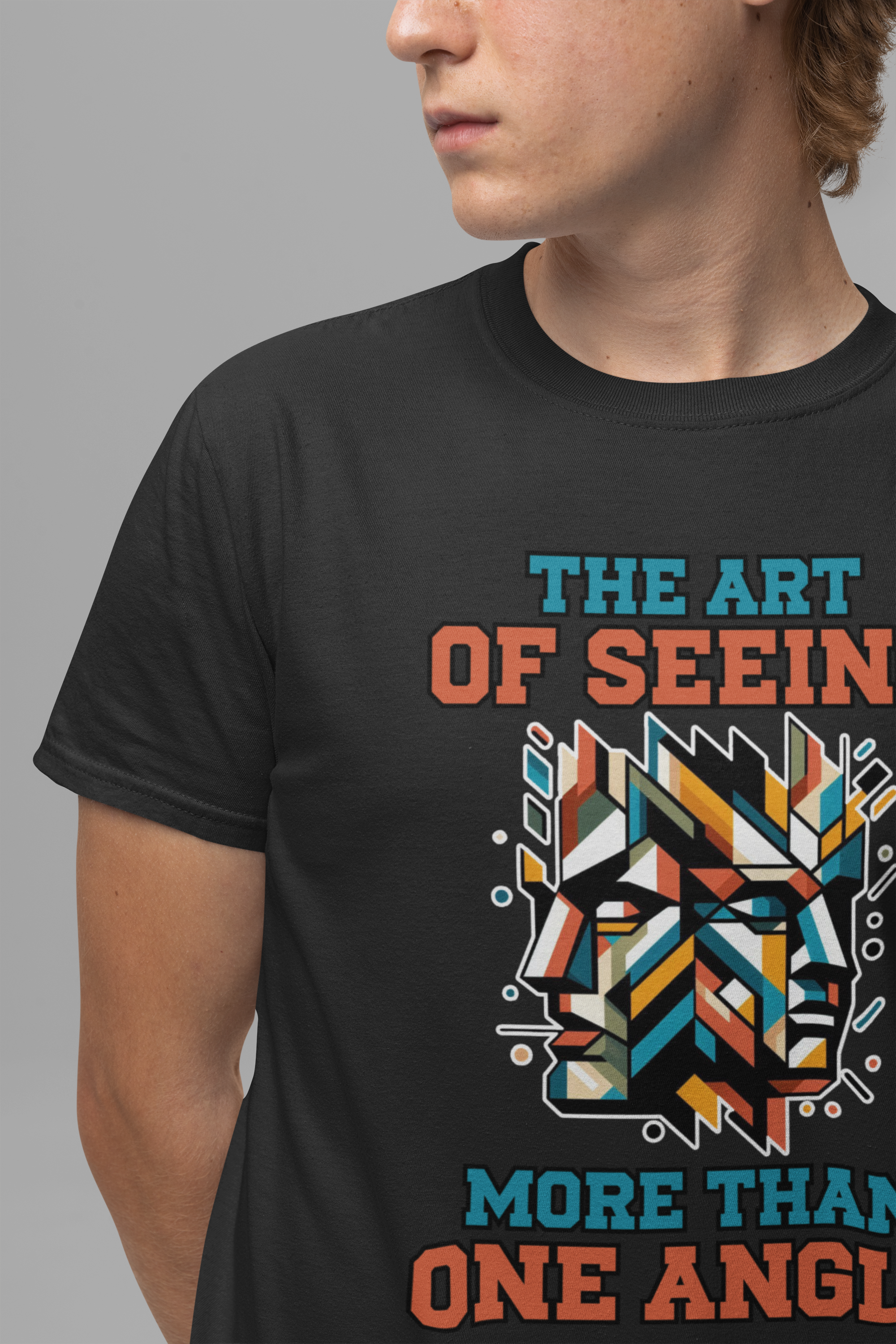 The Art of Seeing More Than One Angle Tshirt – Geometric Faces in Colorful Shapes