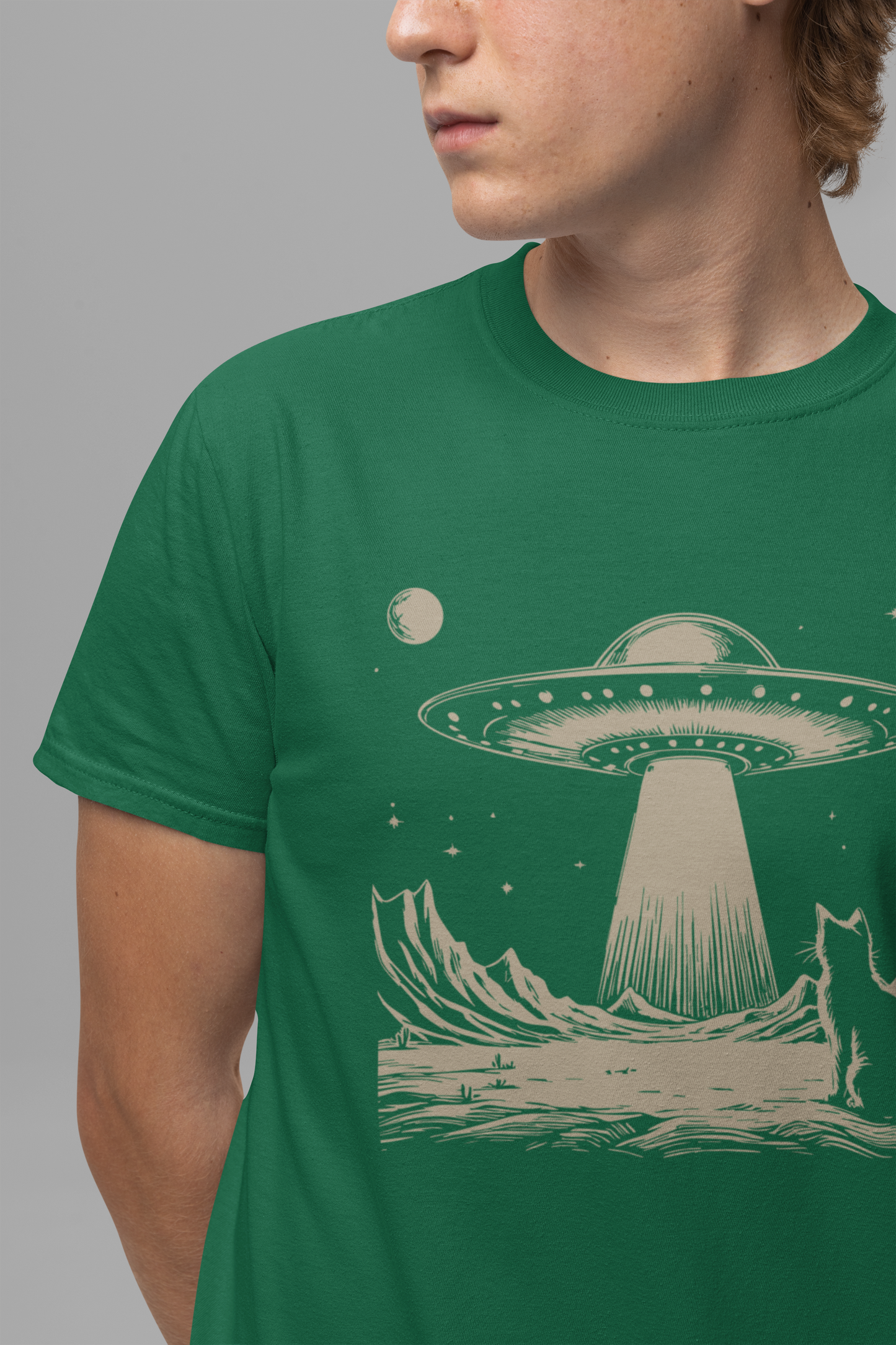 Cat Watching UFO T-Shirt – Mysterious Space Scene Graphic Tee