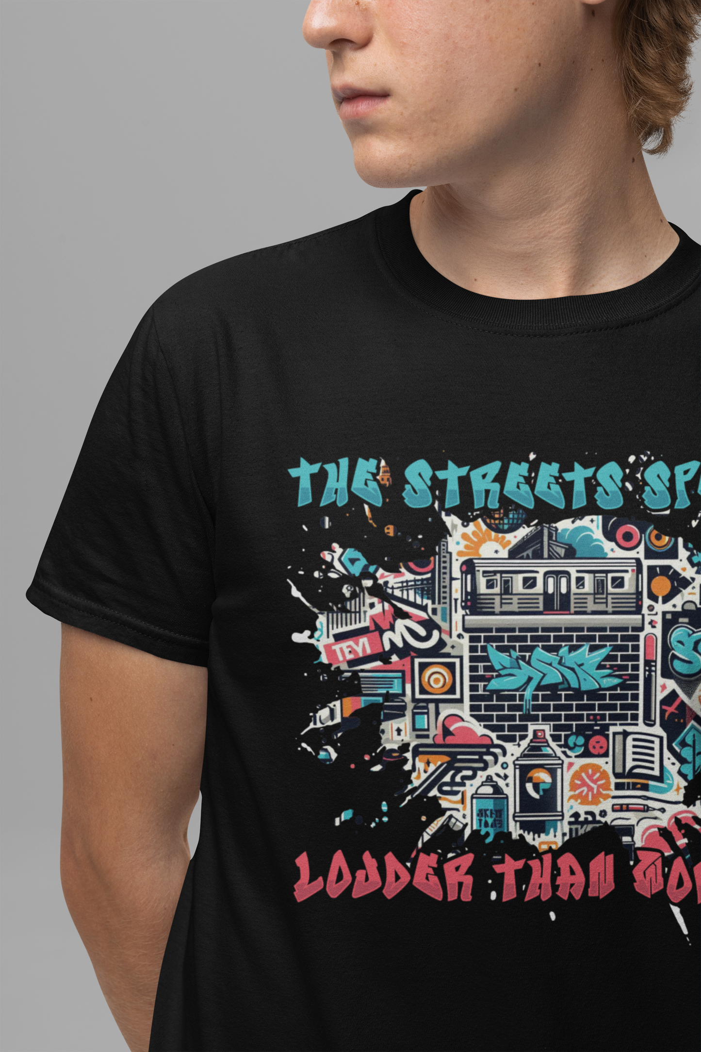 The Streets Speak Louder Than Words Tshirt – Cityscape with Graffiti Street Art Revolution