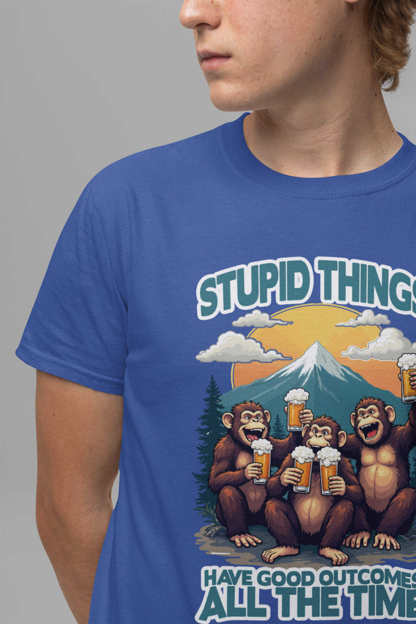 Stupid Things Have Good Outcomes Tshirt – Three Monkeys Cheers with Beer Mugs & Mountain Scene