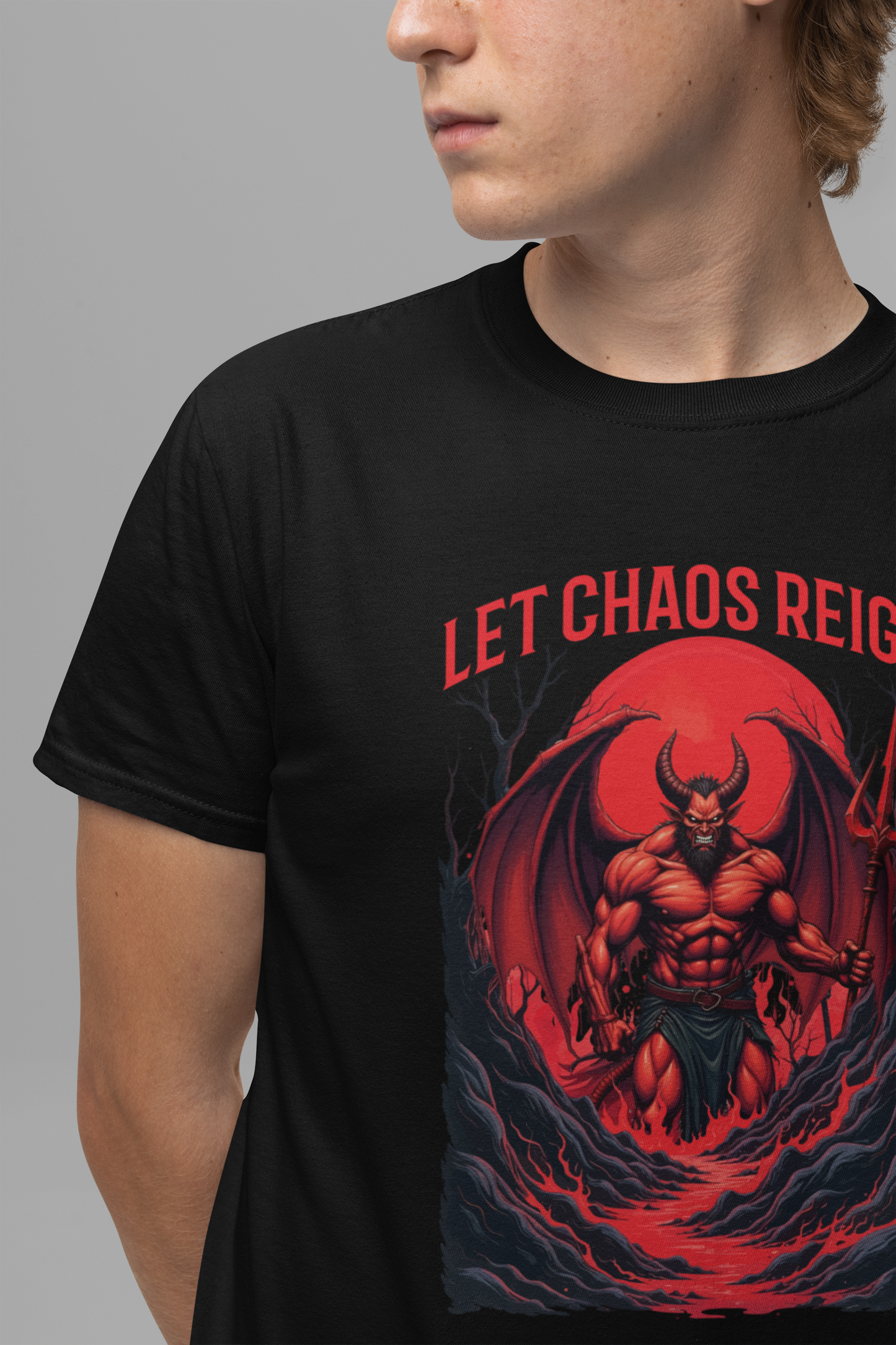 Let Chaos Reign – Fierce Beast with Wings on Fiery under Red Moon Graphic T-Shirt