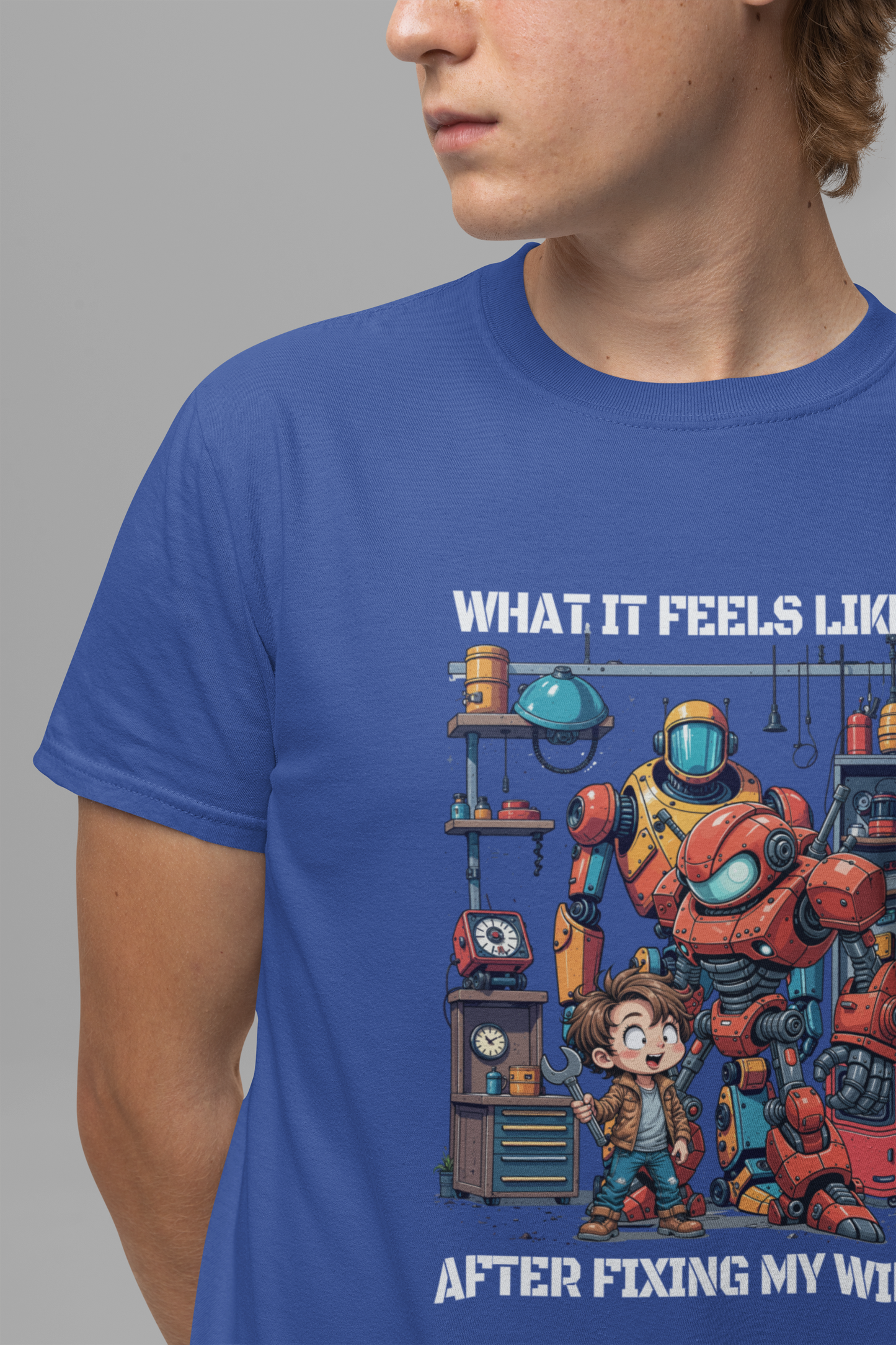 What It Feels Like After Fixing My WIFI – Joyful Boy with Tools Graphic T-Shirt