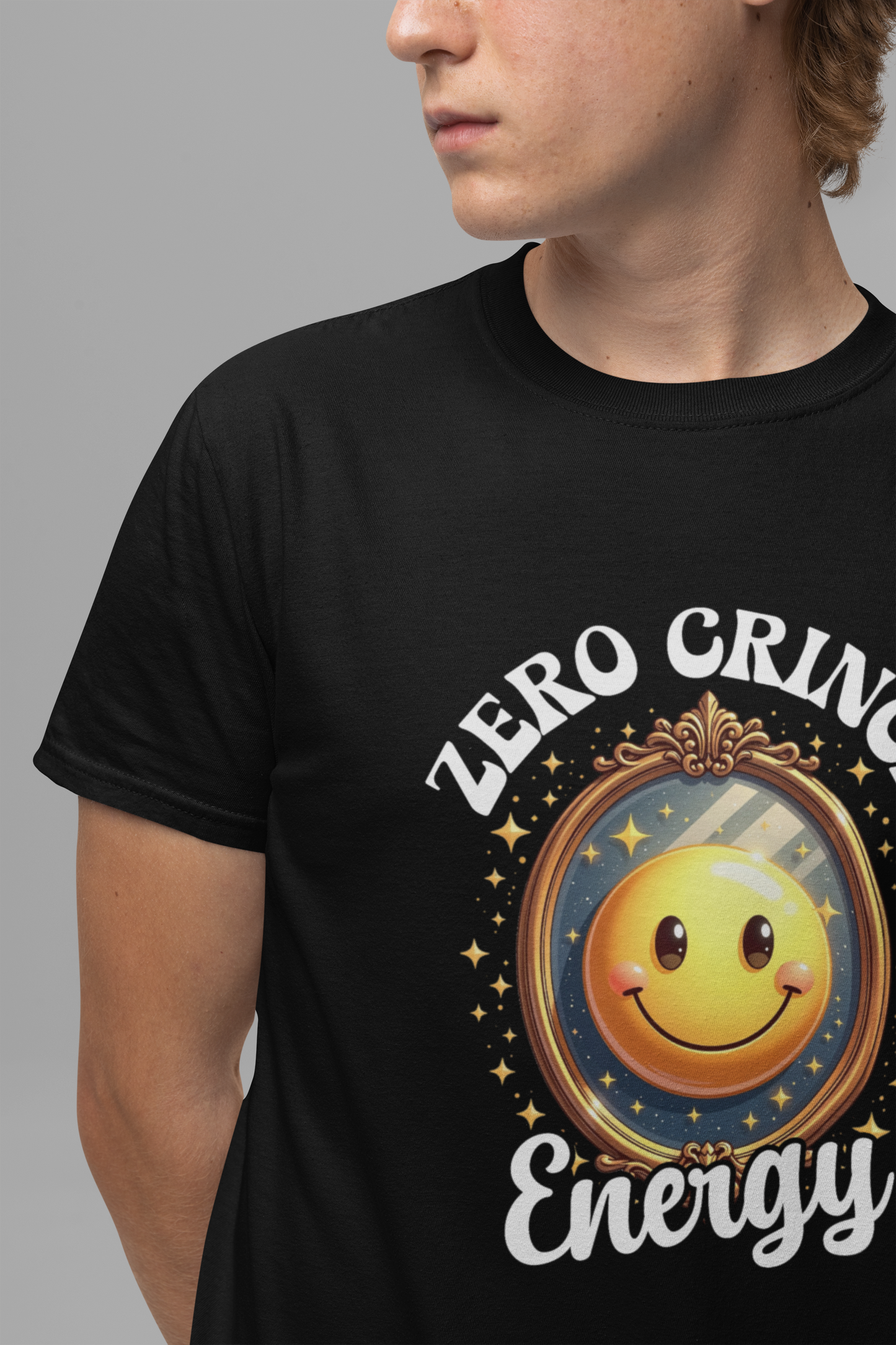 Zero Cringe Energy – Large Mirror with Happy Smiley Graphic T-Shirt