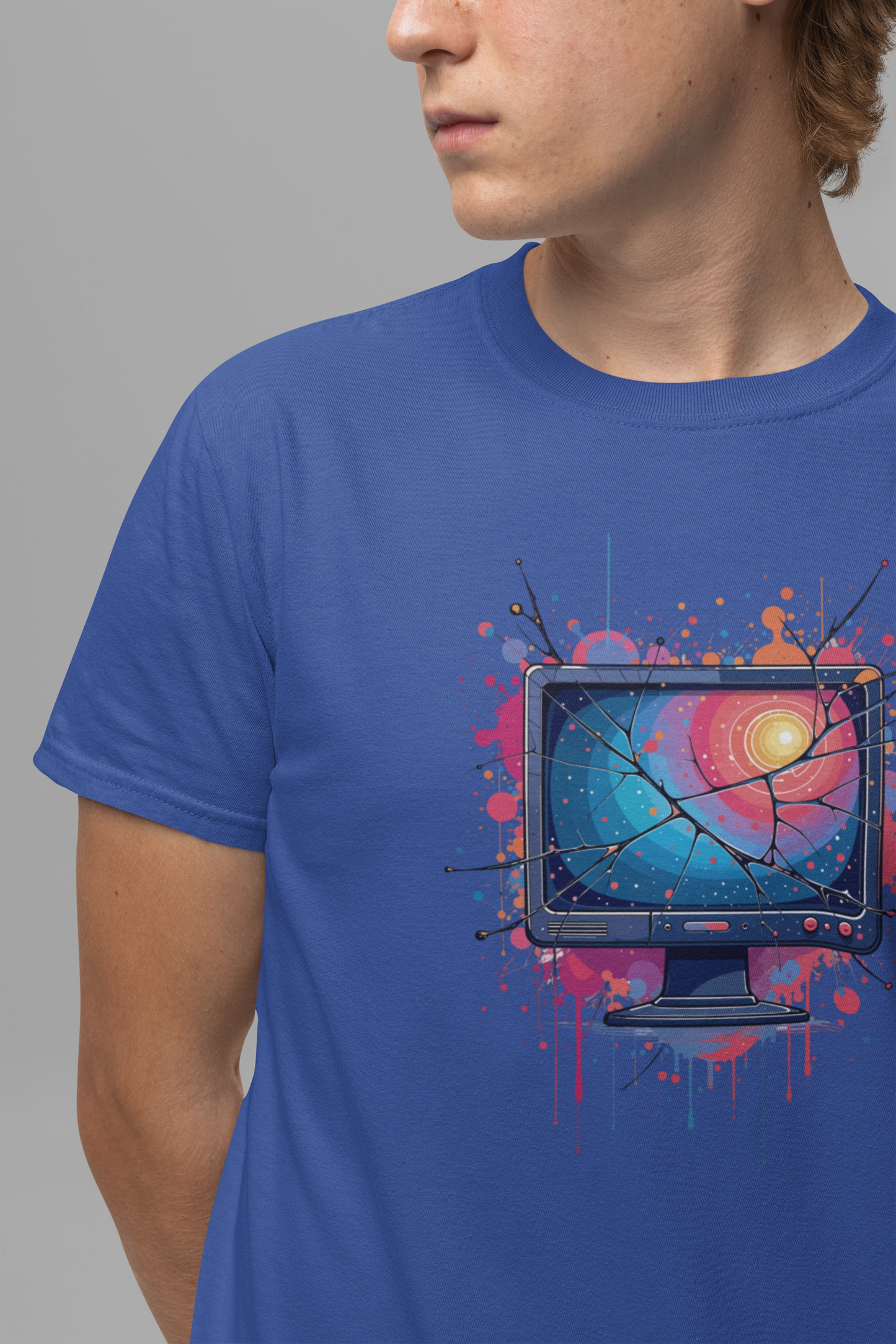 Break the System – Broken Monitor with Cracks, Gradient Screen & Color Splash Graphic T-Shirt