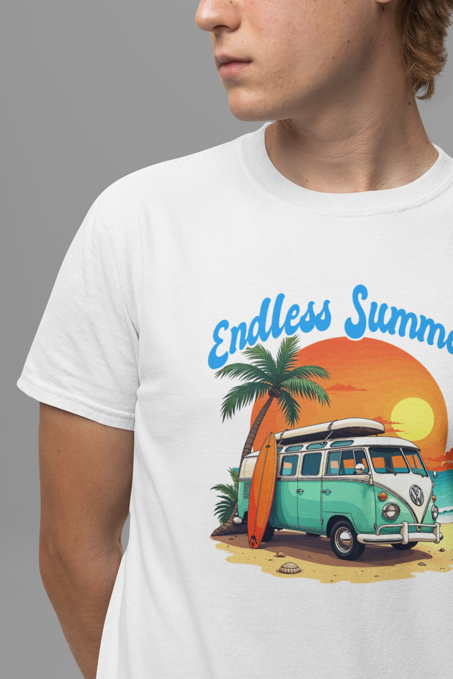 Endless Summer Beach Van with Surfboard and Palm Tree Sunset Graphic T-Shirt