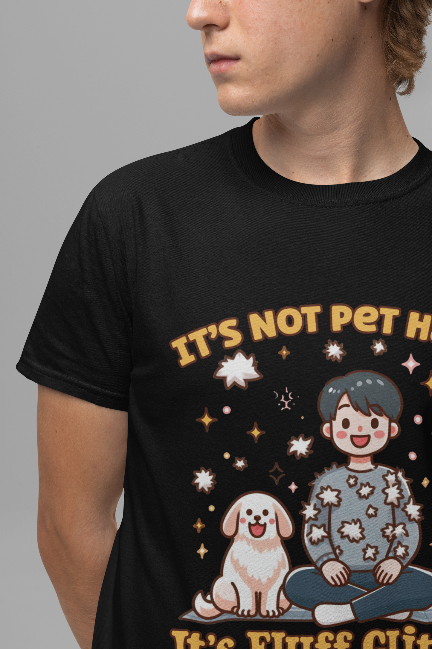 It's Not Pet Hair, It's Fluff Glitter | Smiling Puppy and Boy with Flying Hair & Glitter T-Shirt