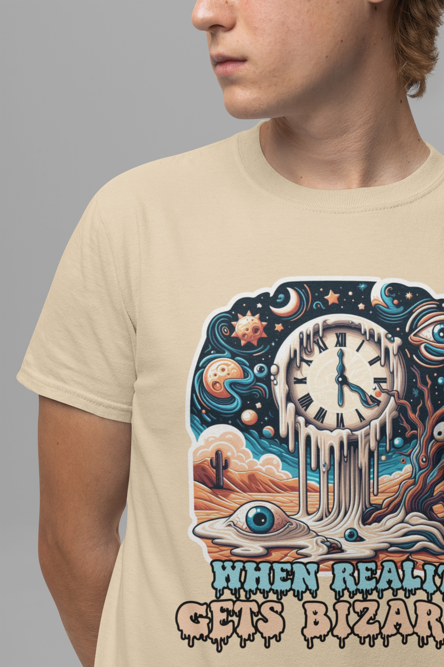 When Reality Becomes Bizarre Tshirt – Surreal Melting Sky, Clocks, and Desert Landscape