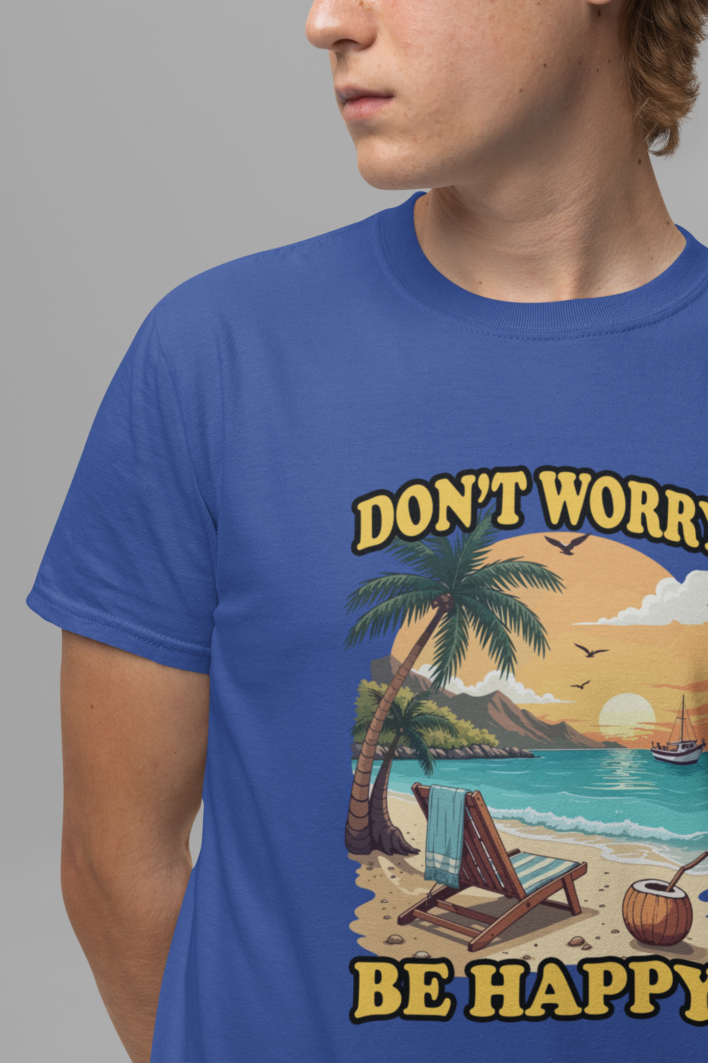 Don’t Worry Be Happy T-Shirt – Retro Beach Sunset Graphic Tee