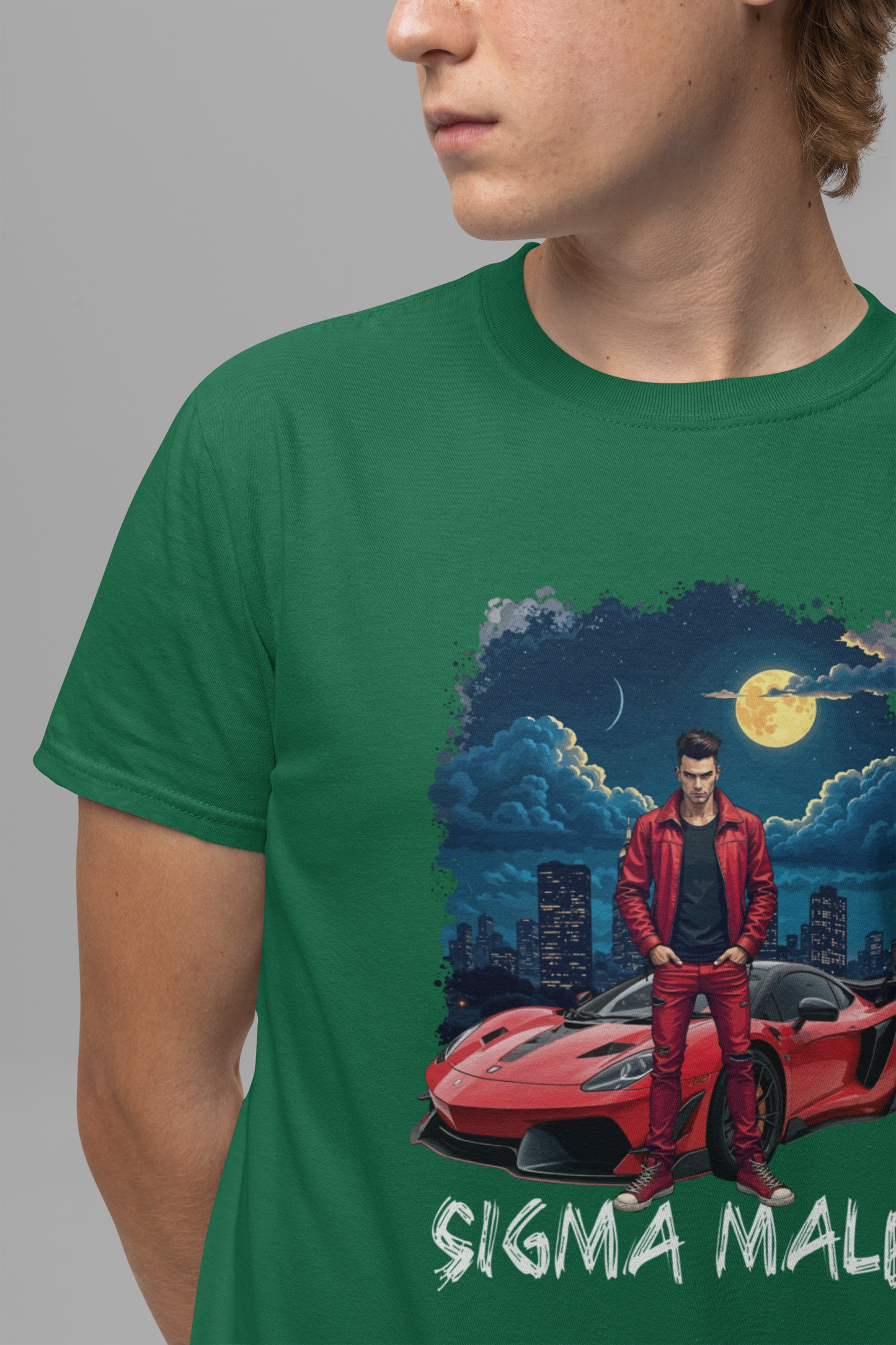 SIGMA MALE – Man in Red Jacket with Racing Car and Full Moon Graphic T-Shirt