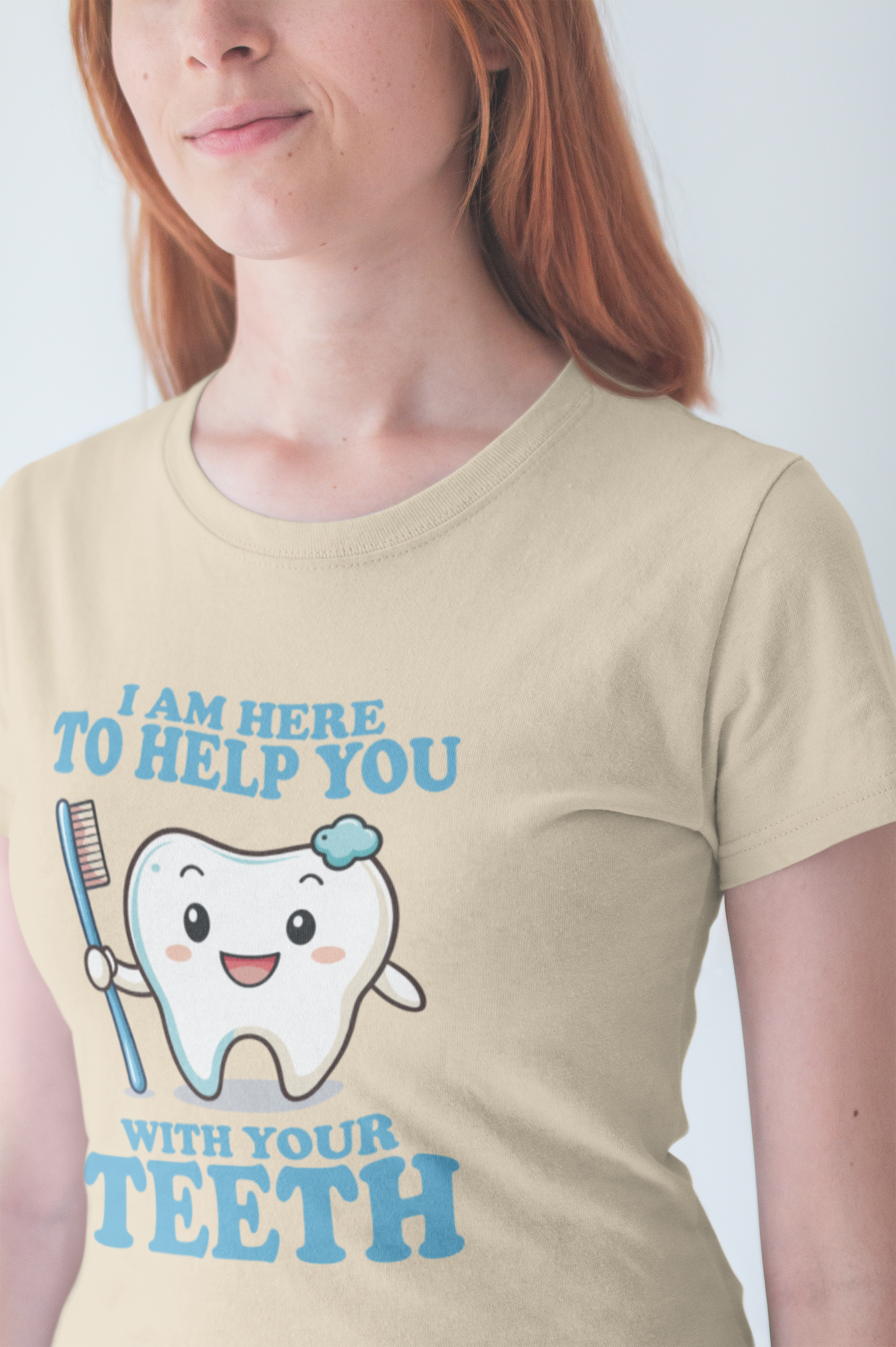 Smiling Tooth T Shirt with Toothbrush, Paste and "I'm Here to Help You With Your Teeth" Text