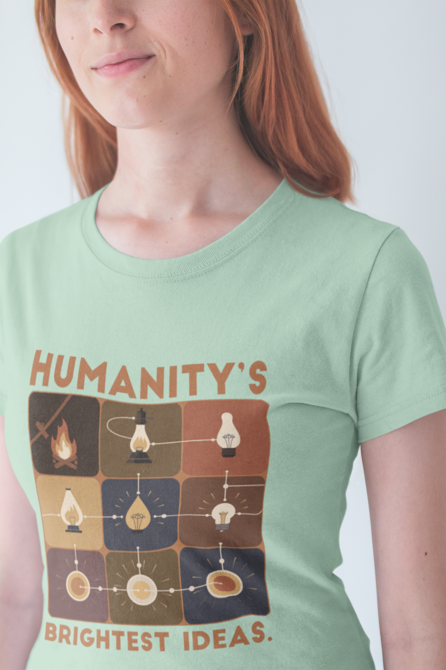 Humanity’s Bright Ideas Tshirt – Evolution from Fire to Fiber Optics Graphic