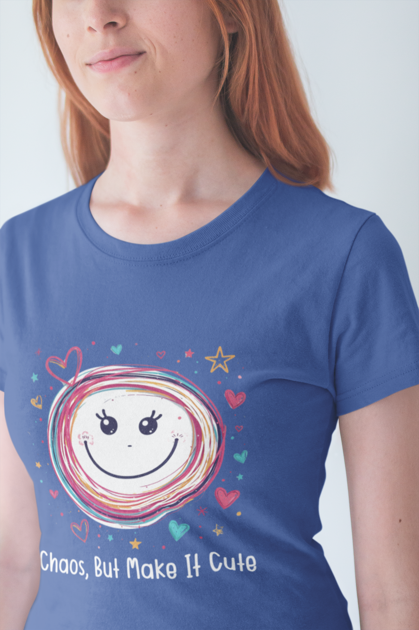 Chaos, But Make It Cute – Colorful Scribbled Circles with Smiley, Hearts & Stars Graphic T-Shirt