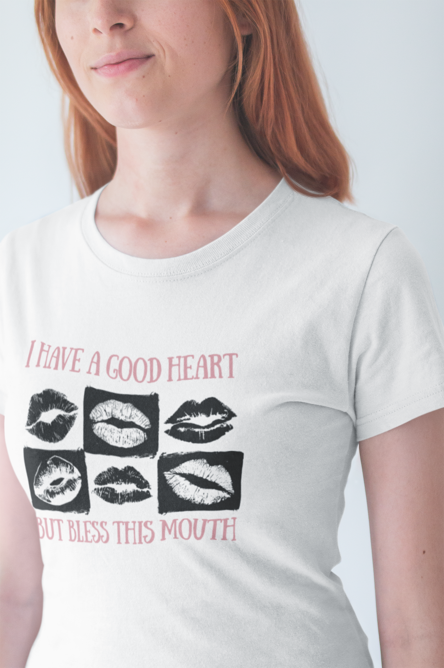 I Have a Good Heart But Bless This Mouth T Shirt – Six Black & White Lip Print
