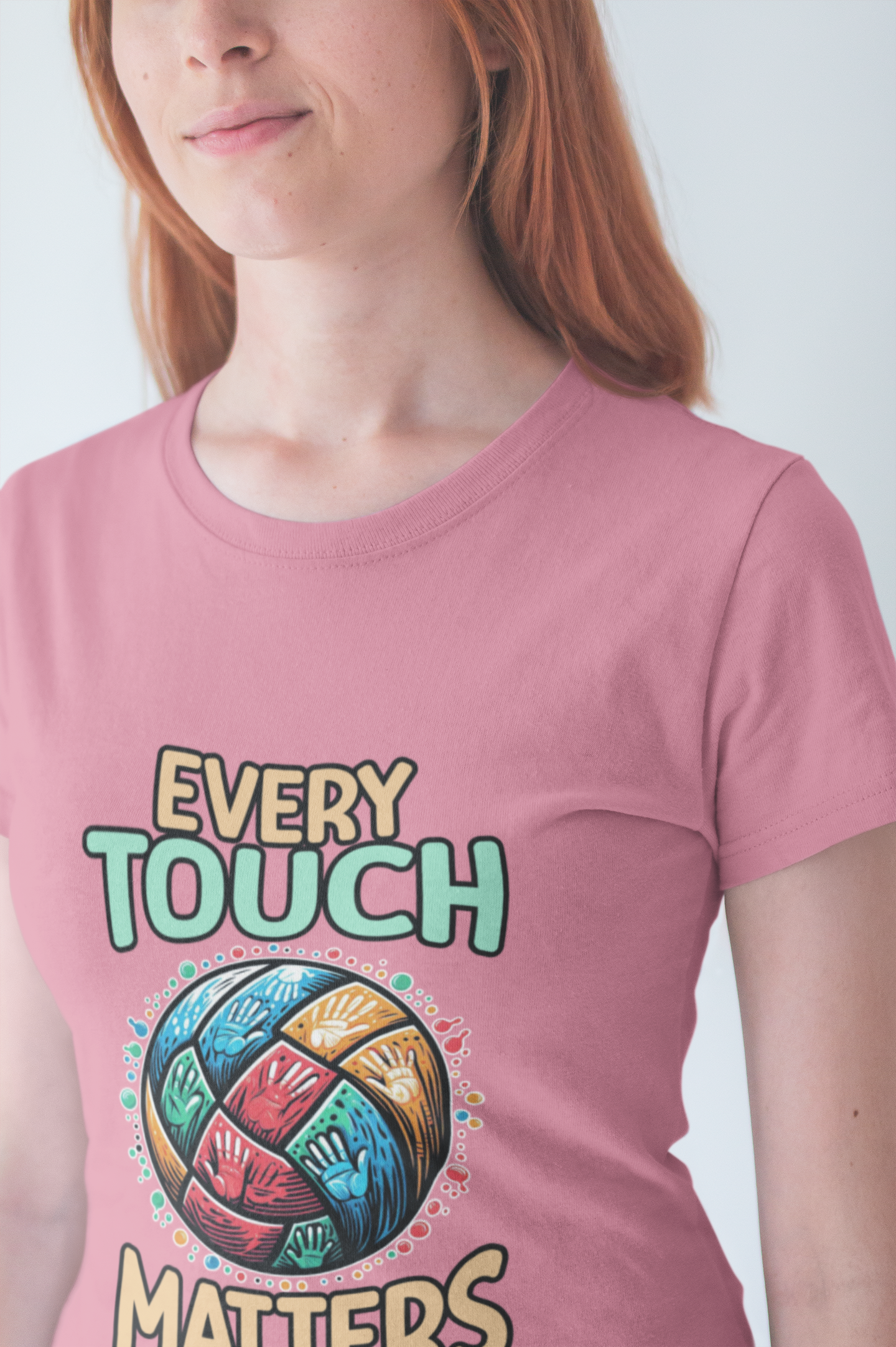 Every Touch Matters – Colorful Volleyball Handprints Graphic T-Shirt