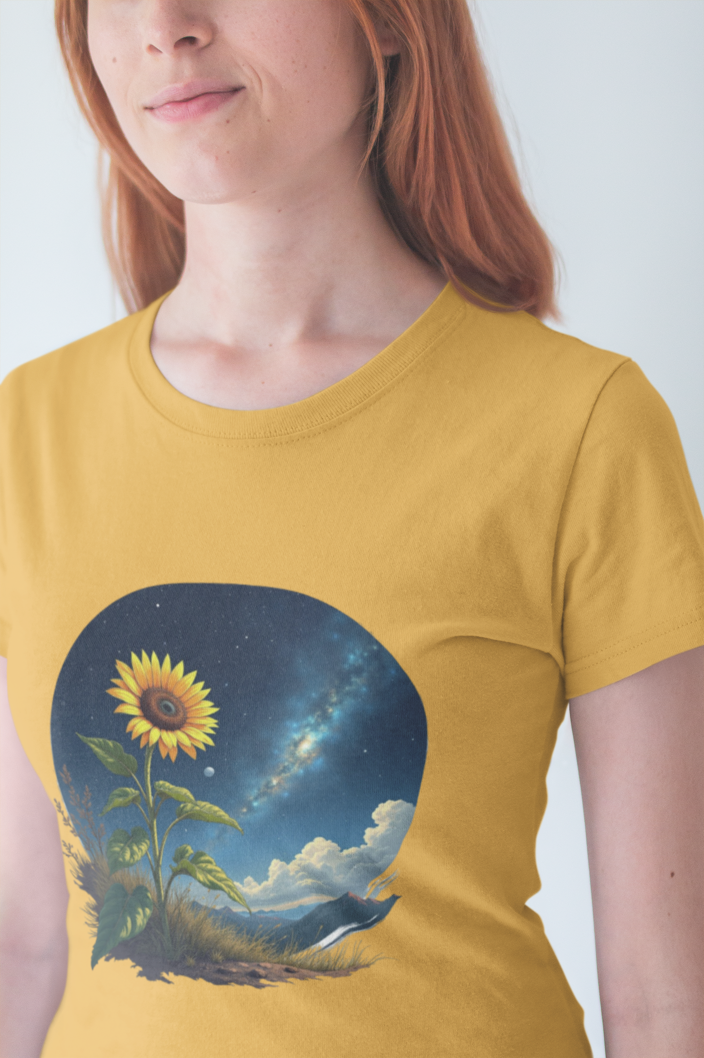 Cosmic Bloom Sunflower with Sky, Clouds & Mountains Reaction Graphic T-Shirt