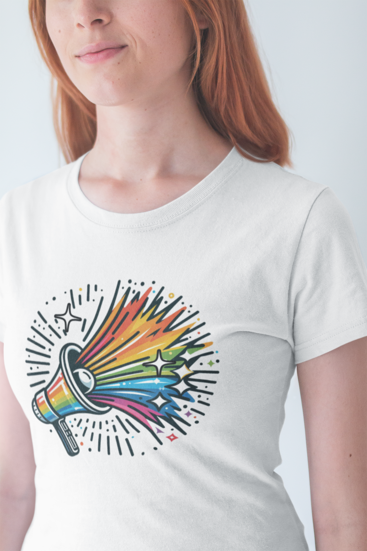 Proud & Loud – Colorful Handheld Speaker with Exploding Stars Graphic T-Shirt