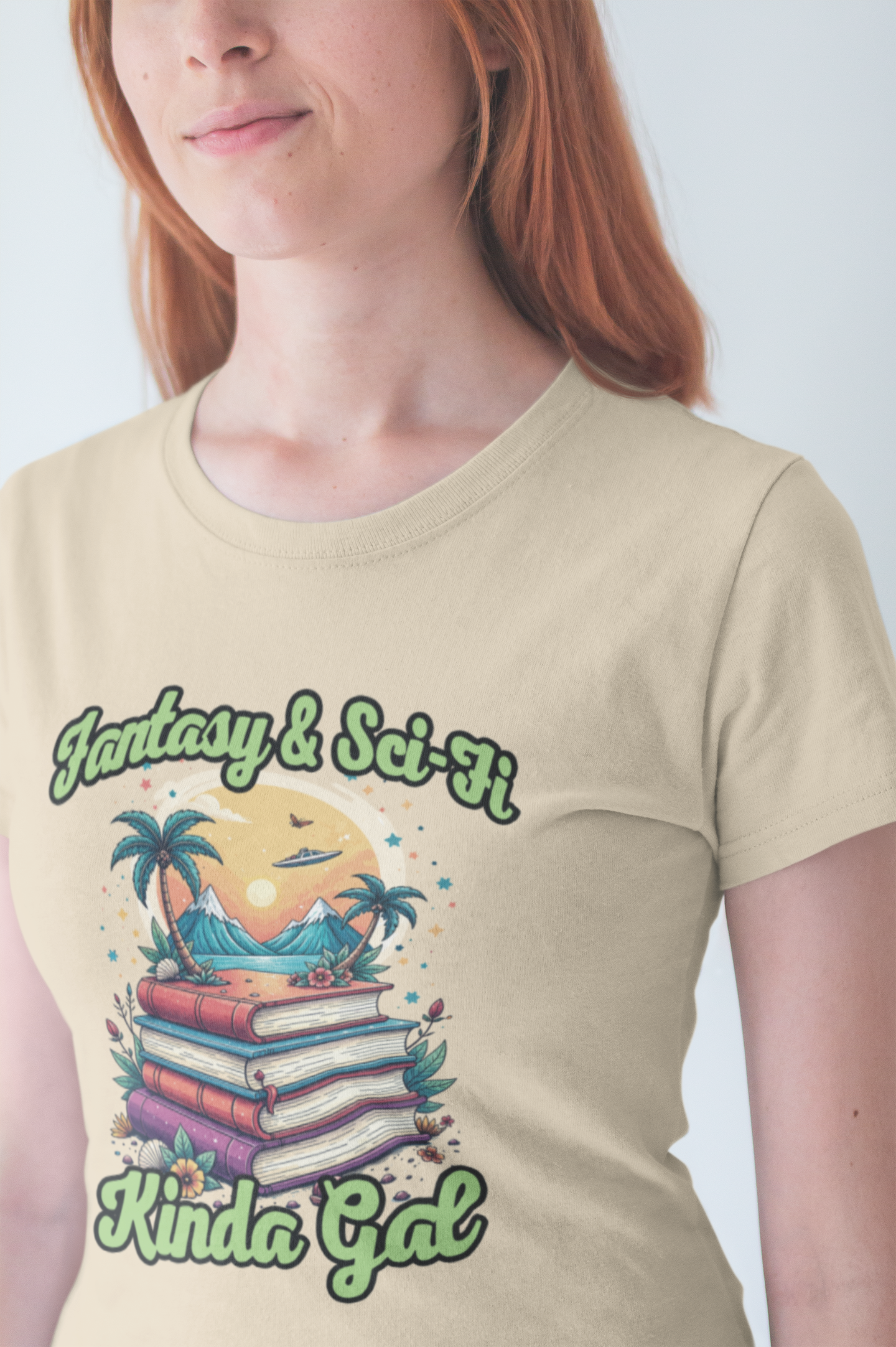 Fantasy And SciFi Kinda Gal Tshirt with Stacked Books with Flowers, Trees, Mountains and UFO