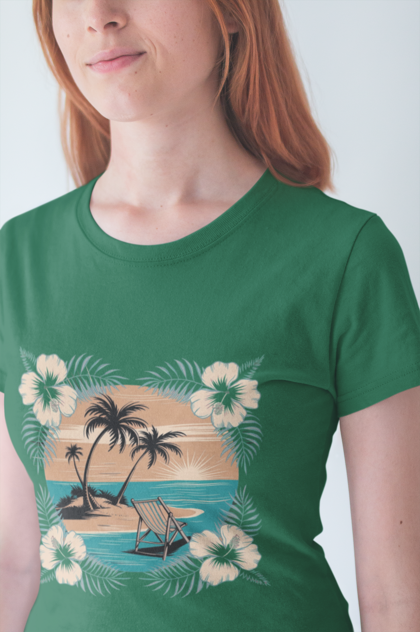 Tropical Escape – Beach Island Sunset with Floral Border Graphic T-Shirt