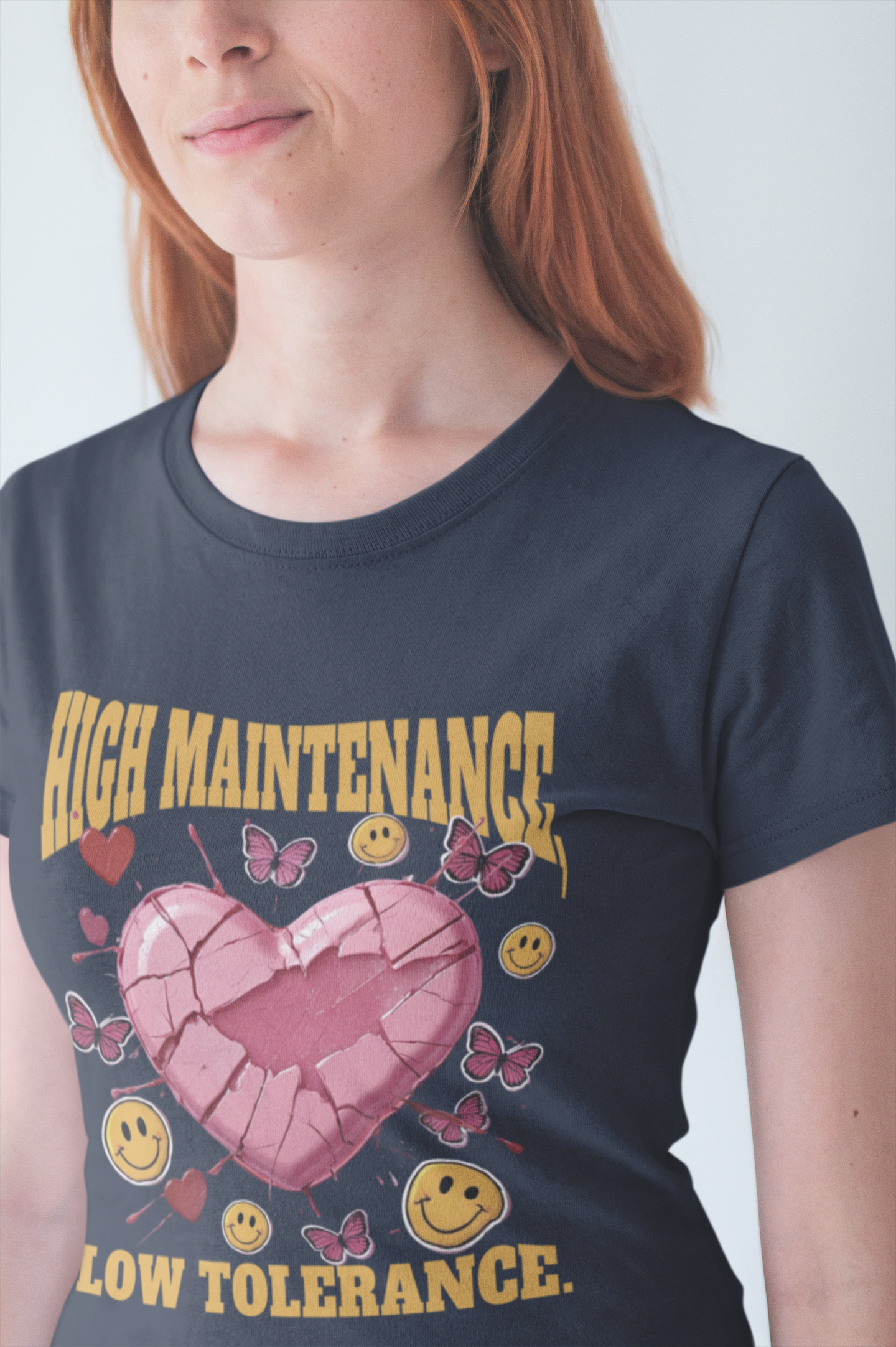 High Maintenance, Low Tolerance | Cracked Heart & Smiles Butterfly Graphic T-Shirt