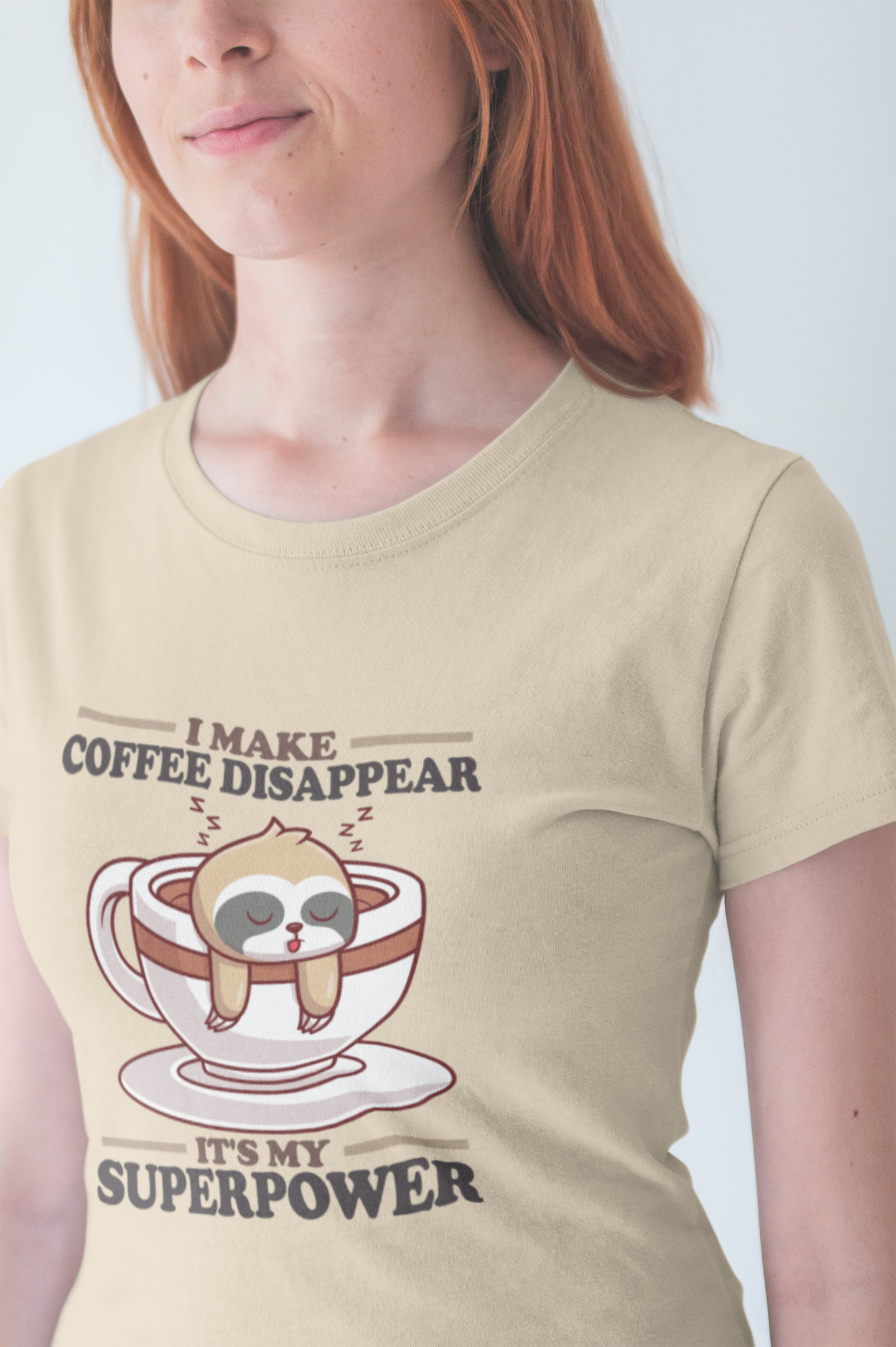 I Make Coffee Disappear T-Shirt – Sleepy Sloth Hanging From Coffee Cup Funny Super Power Graphic Tee