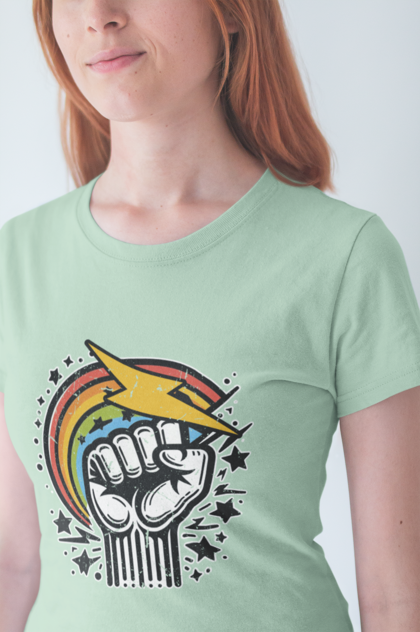 Rainbow Power & Pride – Raised Fist with Lightning Bolt and Rainbow Graphic T-Shirt