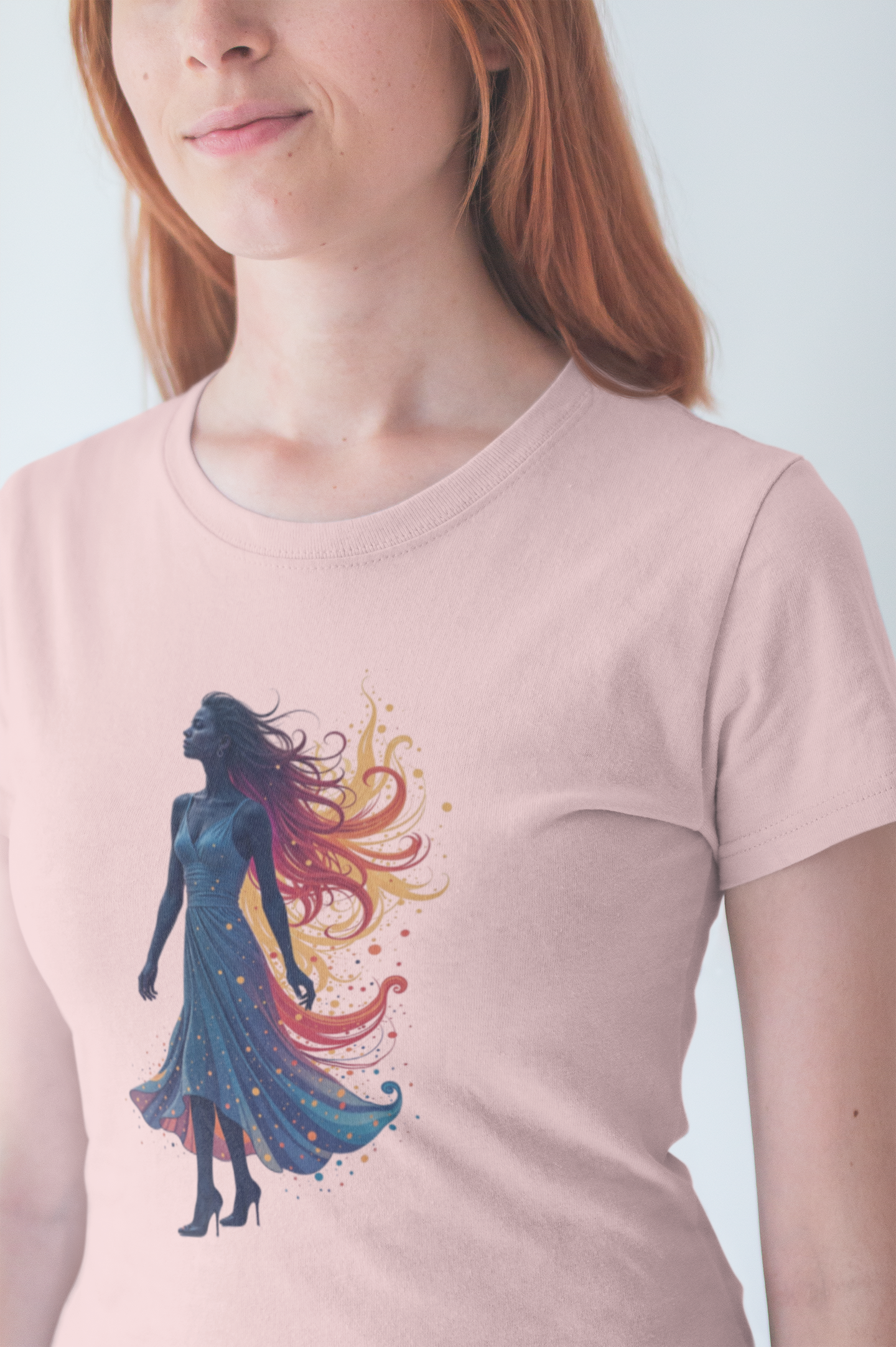 Graceful Woman with Swirling Autumn Aura – Abstract Colorful Swirl Graphic T-Shirt