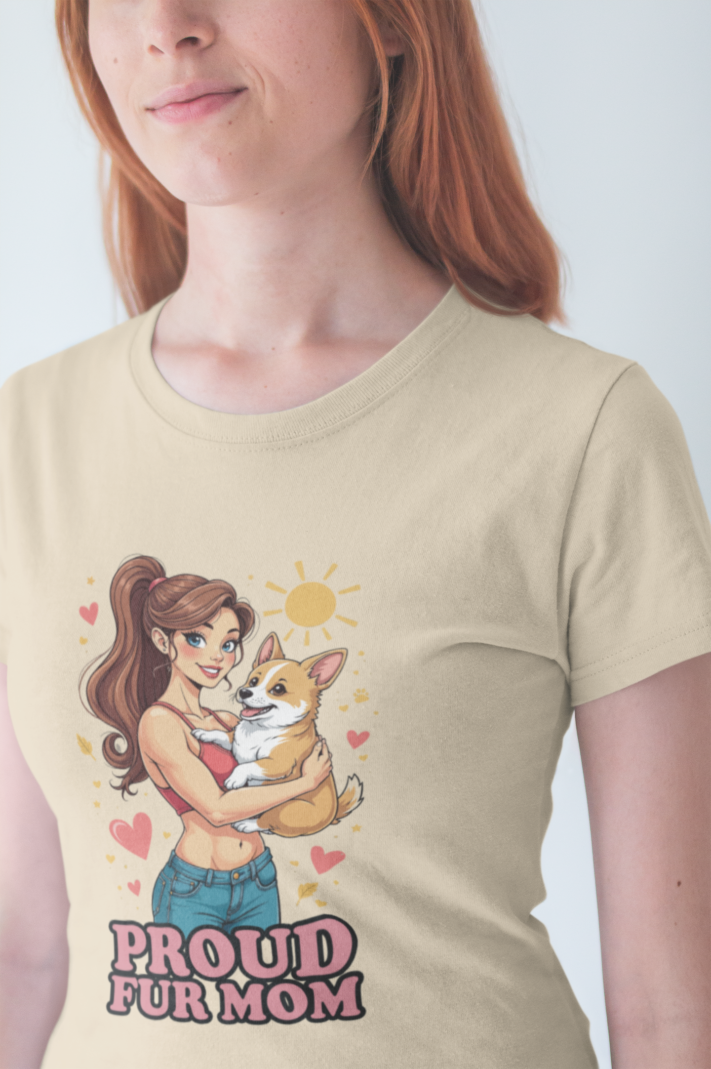 Proud Fur Mom – Happy Woman Hugging Puppy with Hearts and Sunshine Graphic T-Shirt