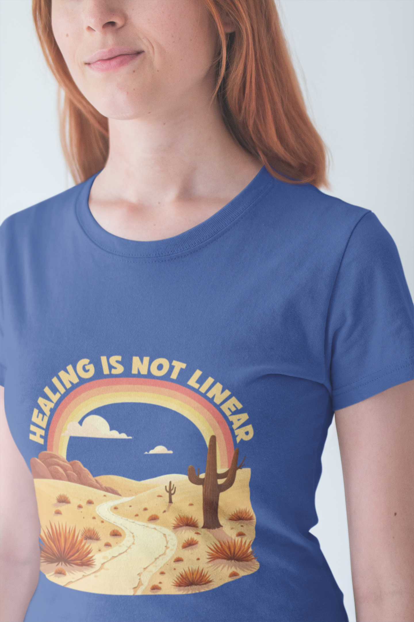 Healing Is Not Linear – Warm Desert Rainbow & Winding Road Graphic T-Shirt