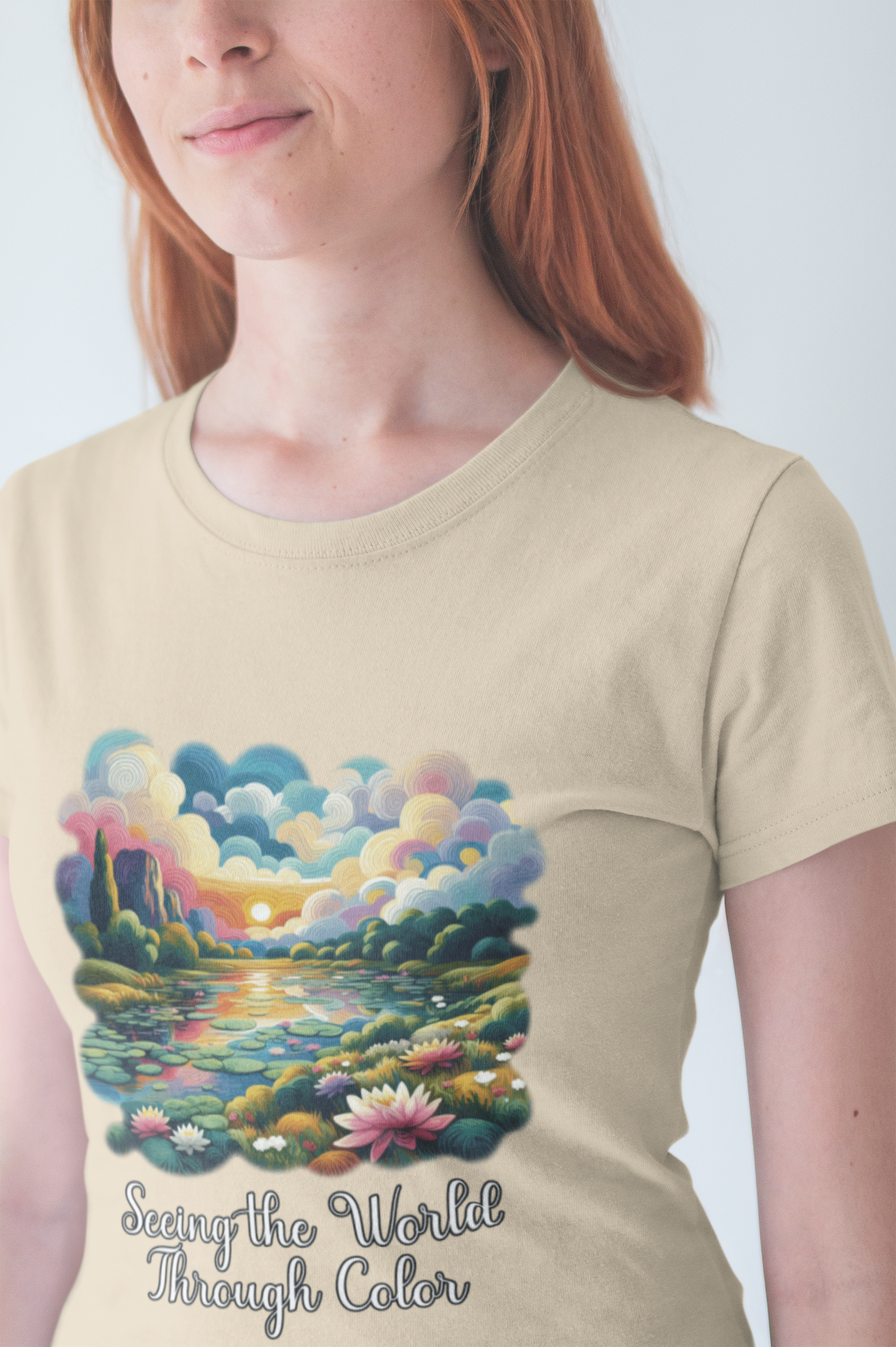 Impressionist Seeing the World Through Color Tshirt – Colorful Lotus Pond with Sunset Graphic