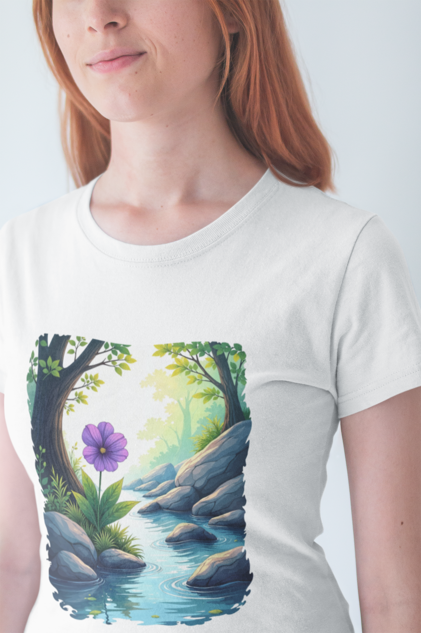 Tranquil Flower Creek T-Shirt – Nature Art Graphic Tee