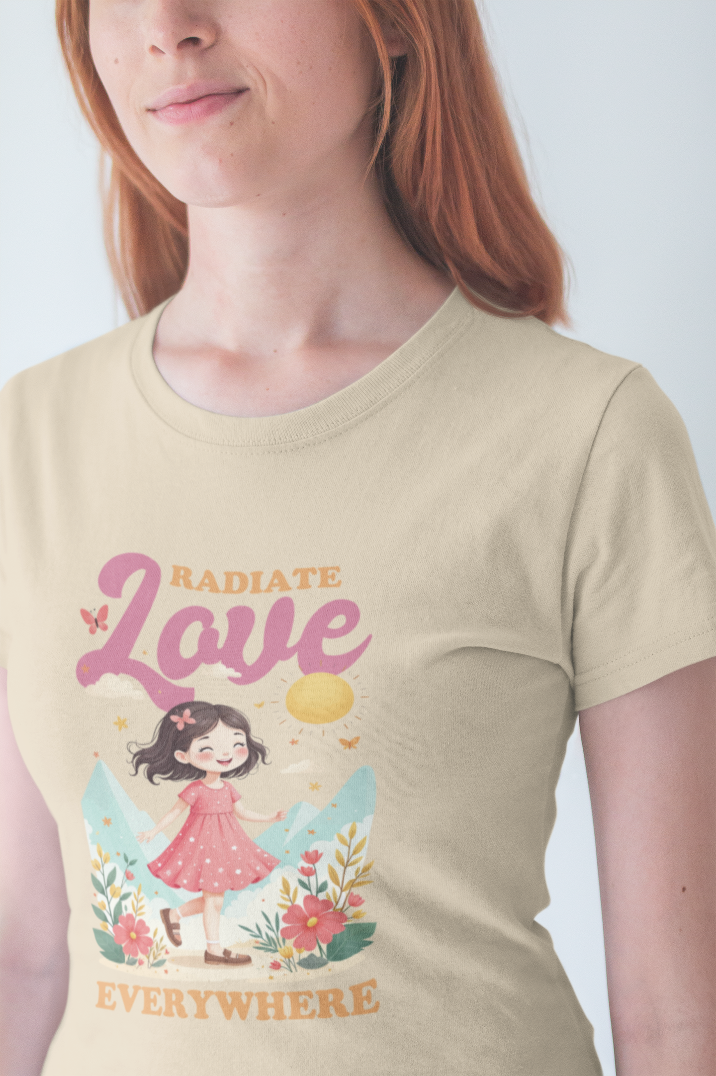Radiate LOVE Everywhere – Happy Girl Walking in Flower Garden with Butterflies Graphic T-Shirt