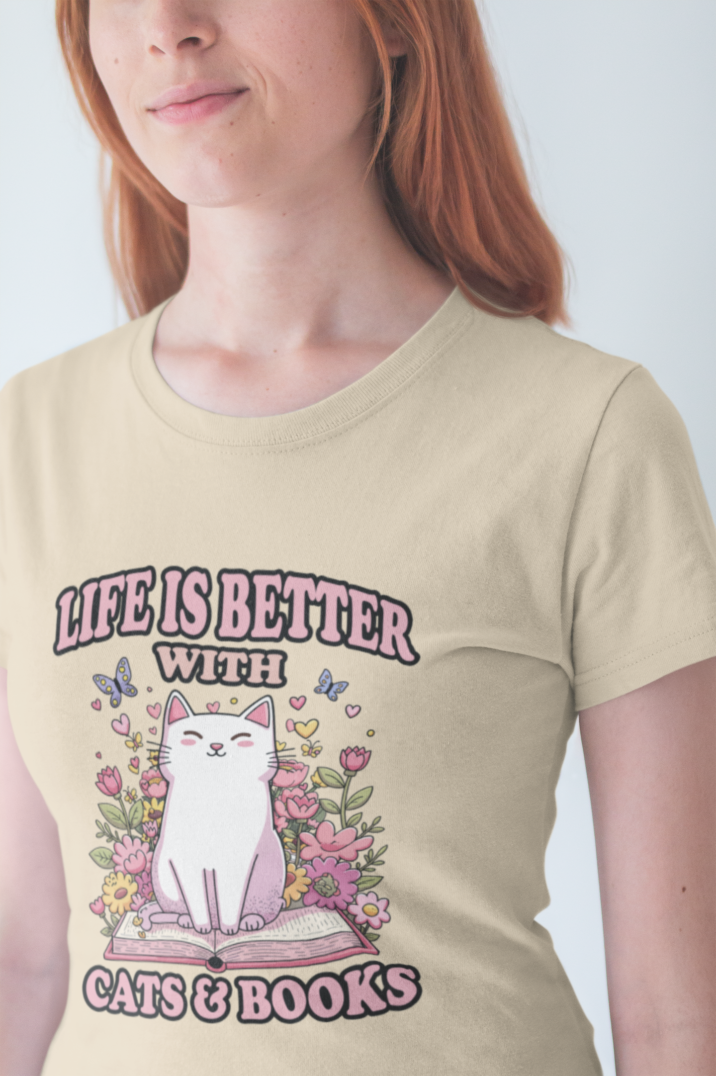 Life Is Better With Cat And Books Tshirt Cat Sitting on Open Book Flower Graphic