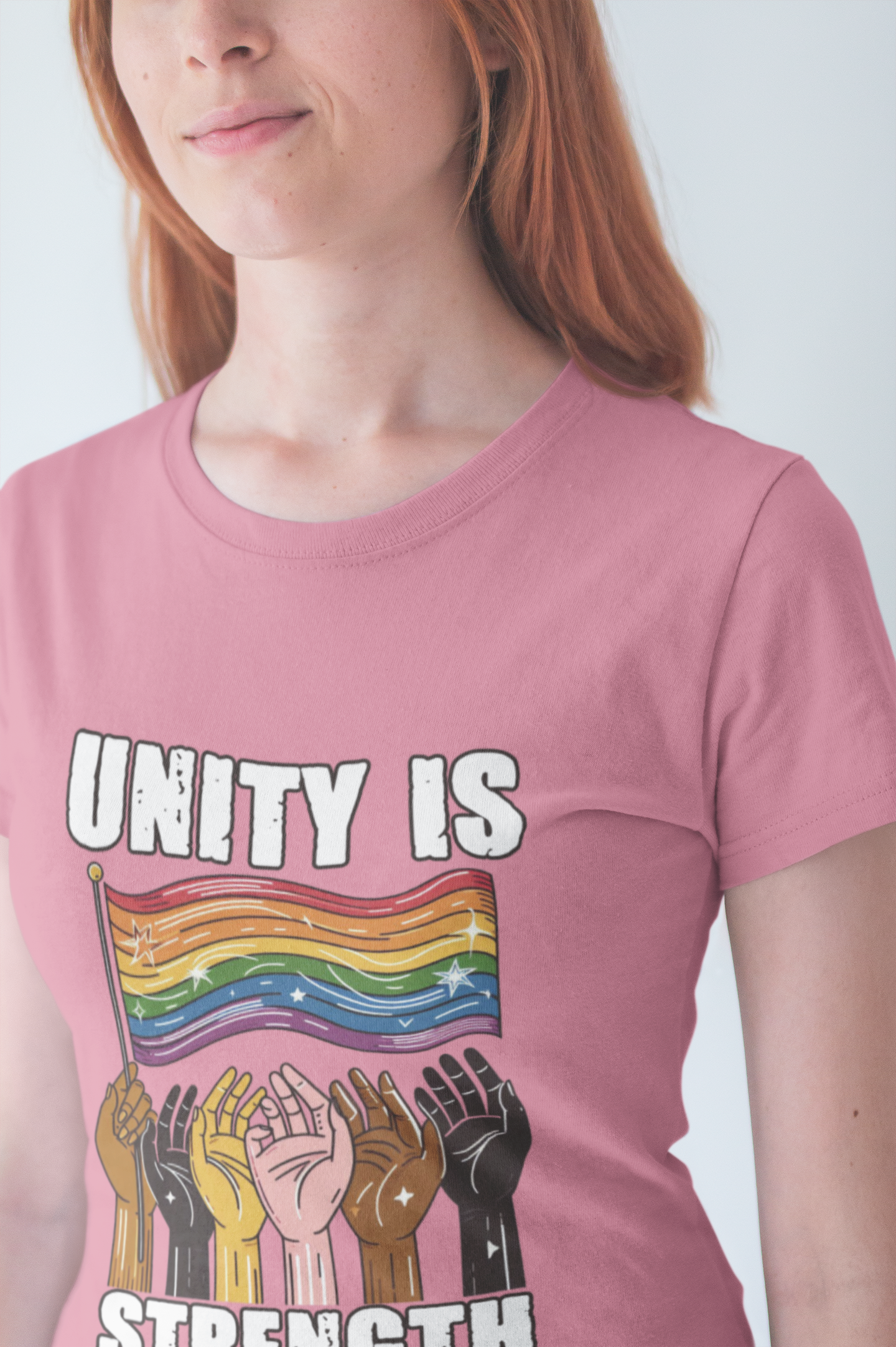 Unity Is Strength – Diverse Hands Holding Pride Flag Graphic T-Shirt