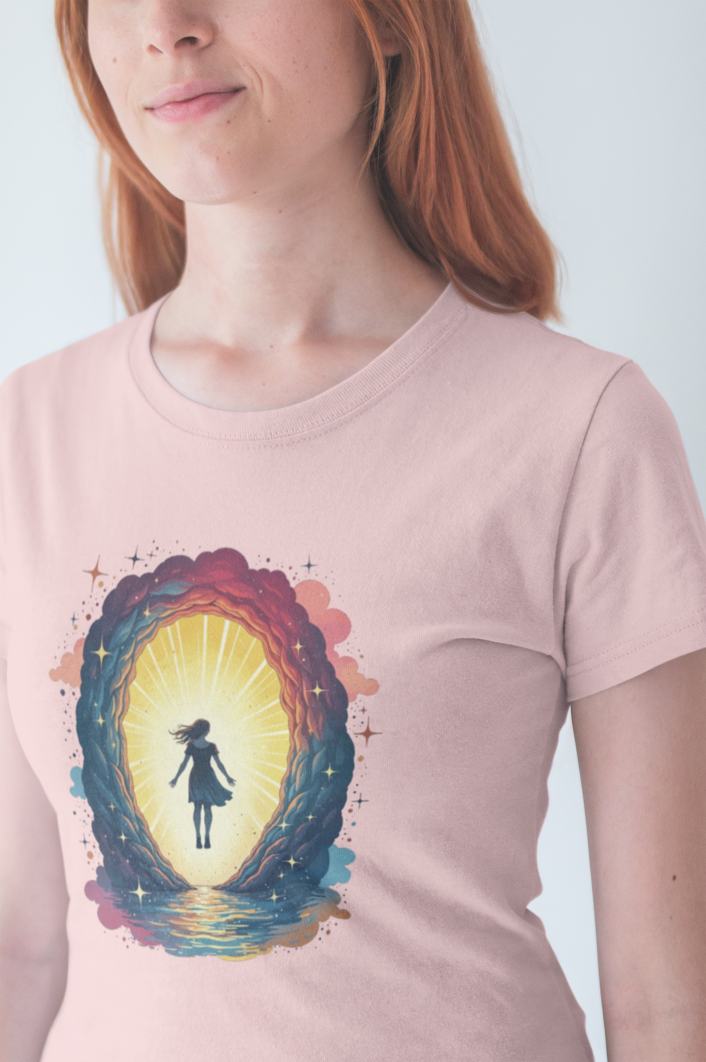 Interdimensional Chill – Floating Woman in Cosmic Portal Graphic T-Shirt