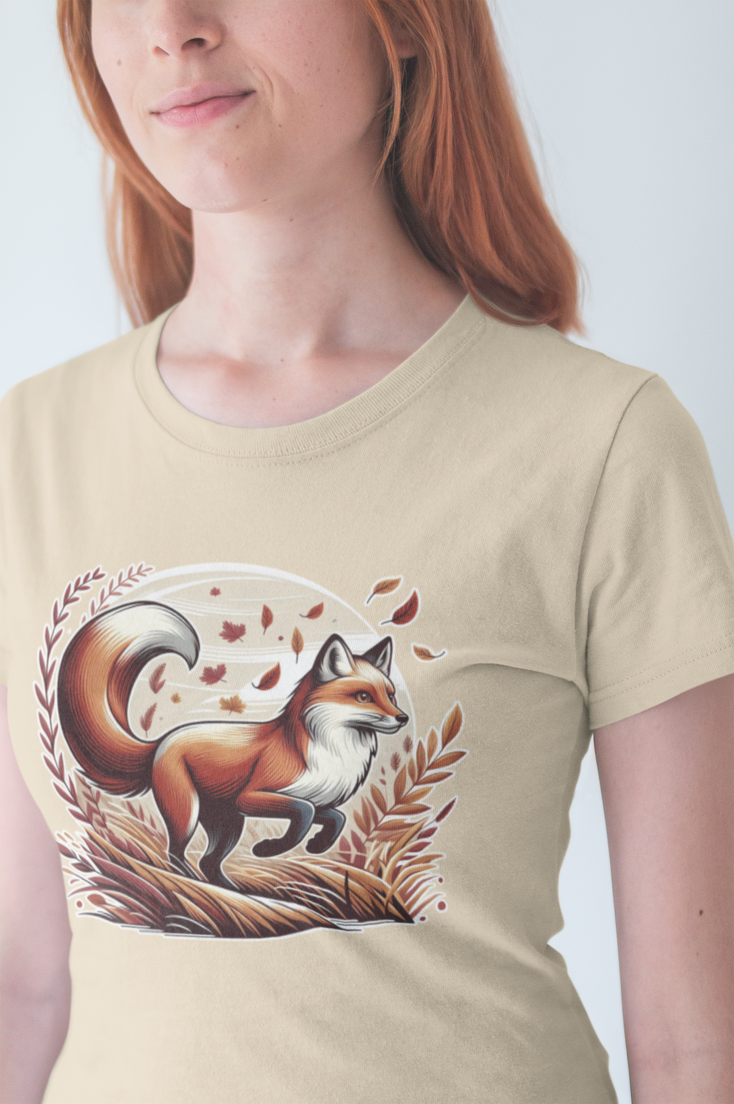 Grace and Agility - Elegant Fox Leaping in Grain Field with Flying Leaves Graphic T-Shirt