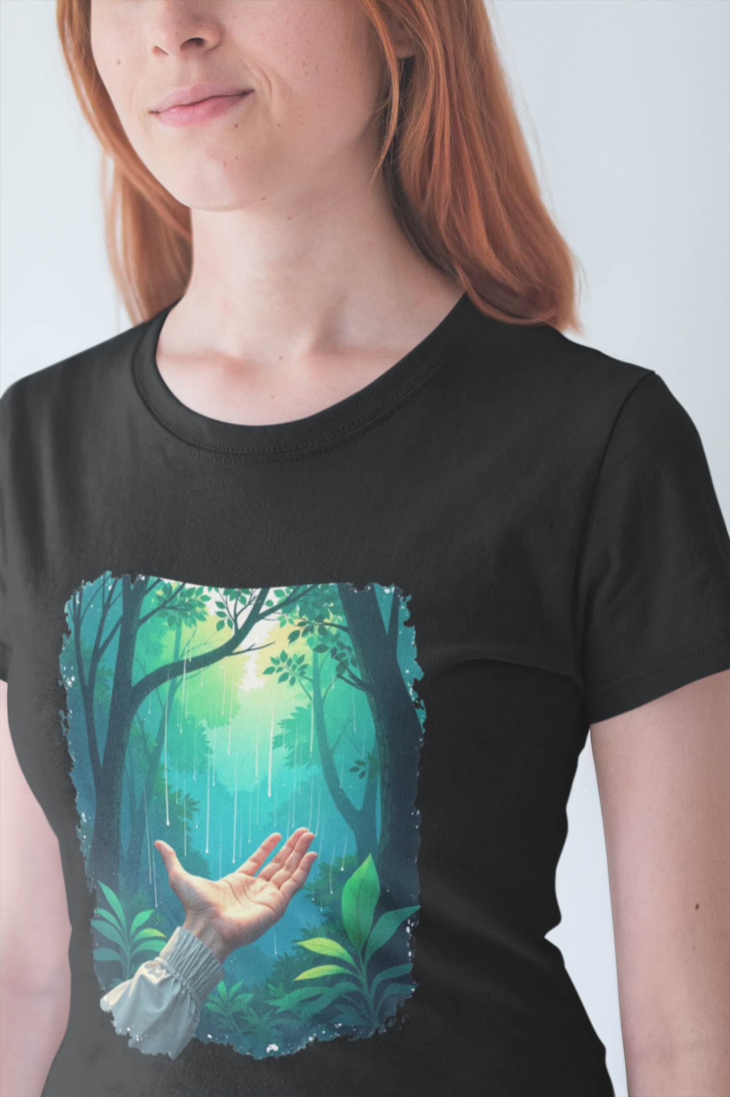 Forest Connection T-Shirt – Hand Reaching for Rain Nature Art