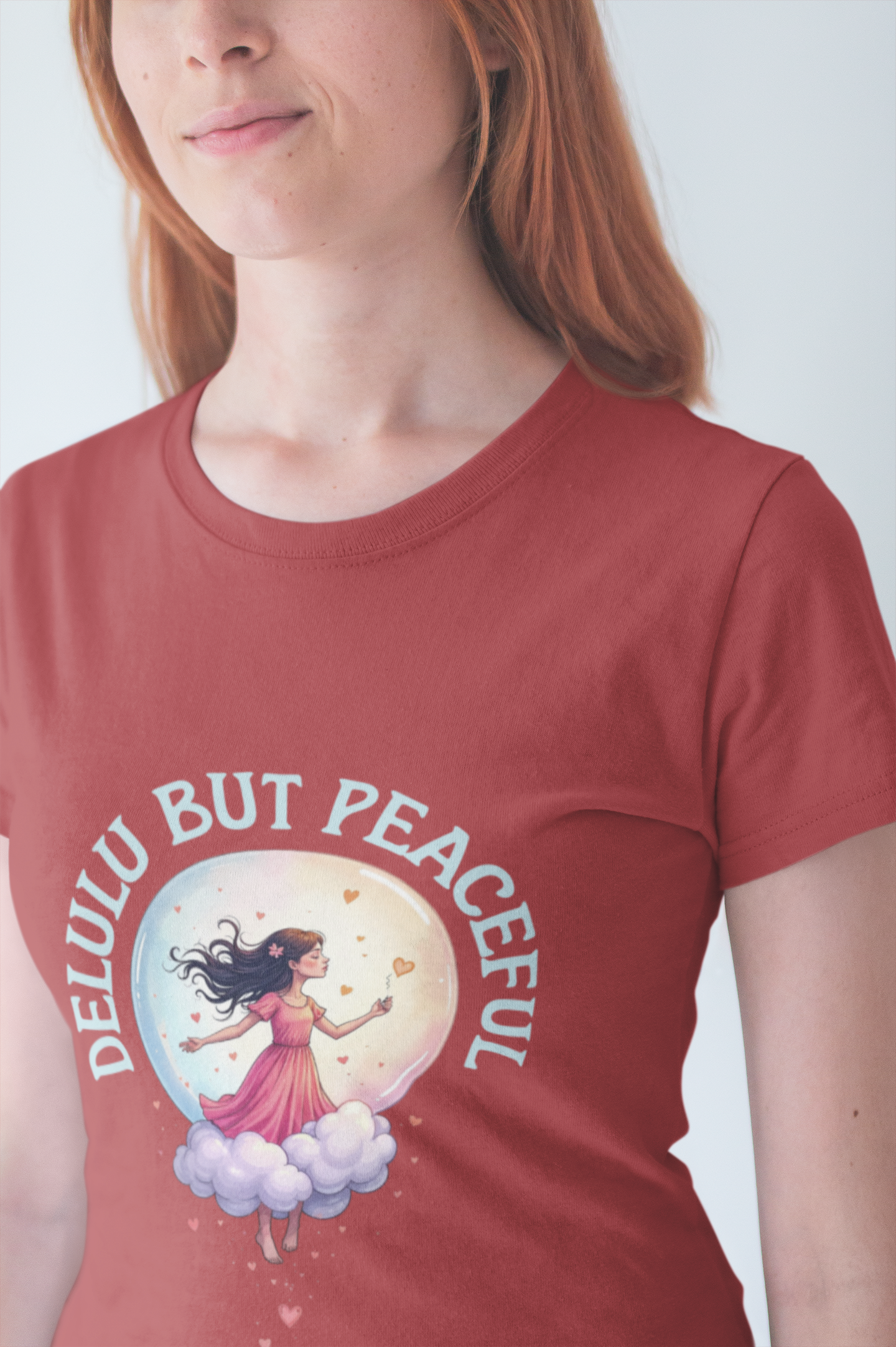 Delulu But Peaceful – Blissfully Unrealistic Floating Girl with Moon & Hearts Graphic T-Shirt