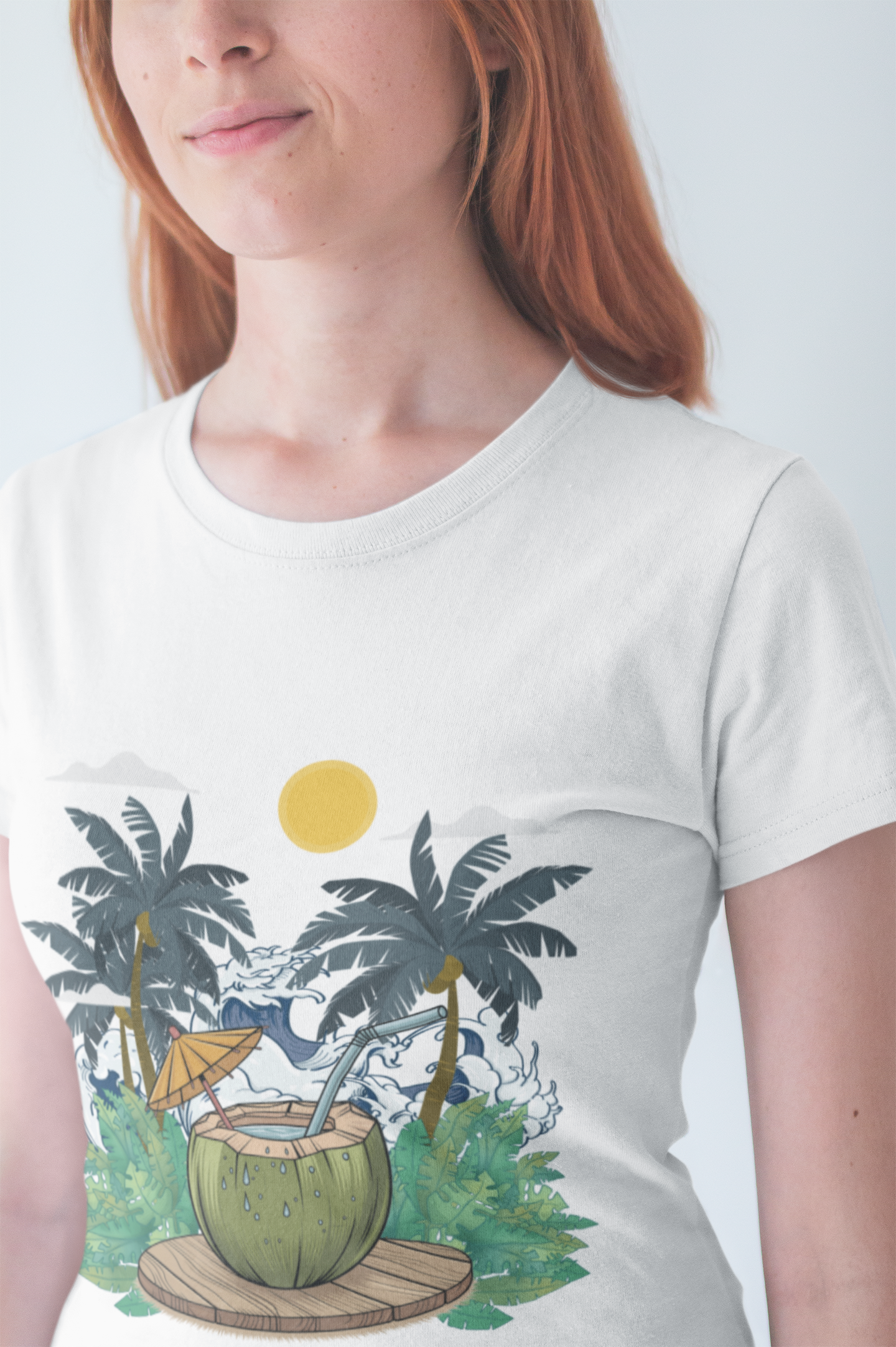 Paradise Found Tropical Refresh – Tender Coconut Drink with Palm Leaves & Ocean Waves Graphic T-Shirt