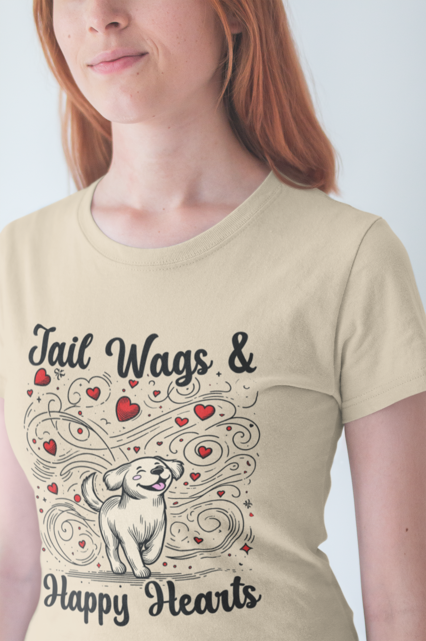 Tail Wags Happy Hearts | Smiling Puppy Walking with Flying Heart Emotions T-Shirt