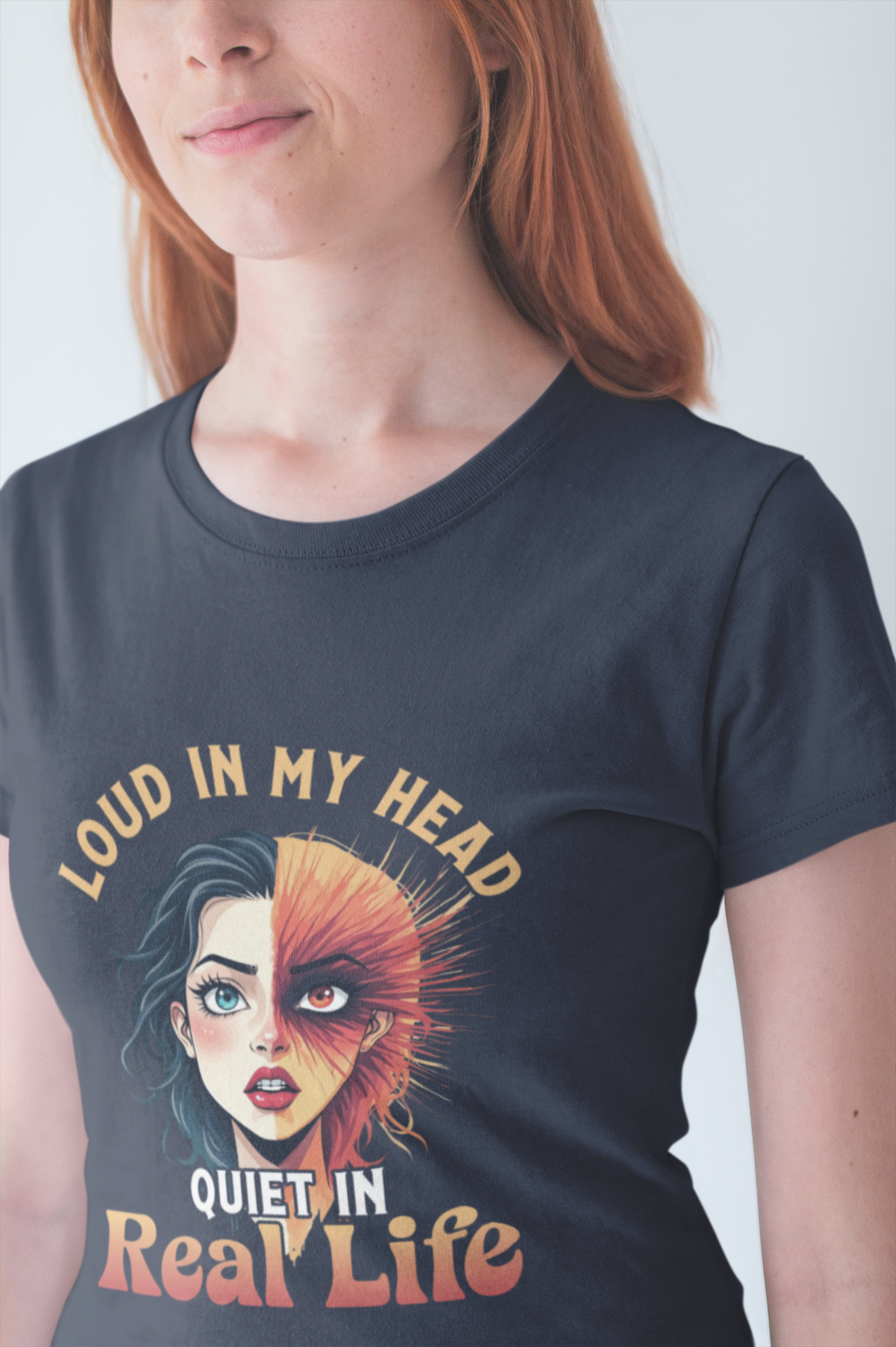 Loud in My Head, Quiet in Real Life – Split Face Puzzled Girl Graphic T-Shirt