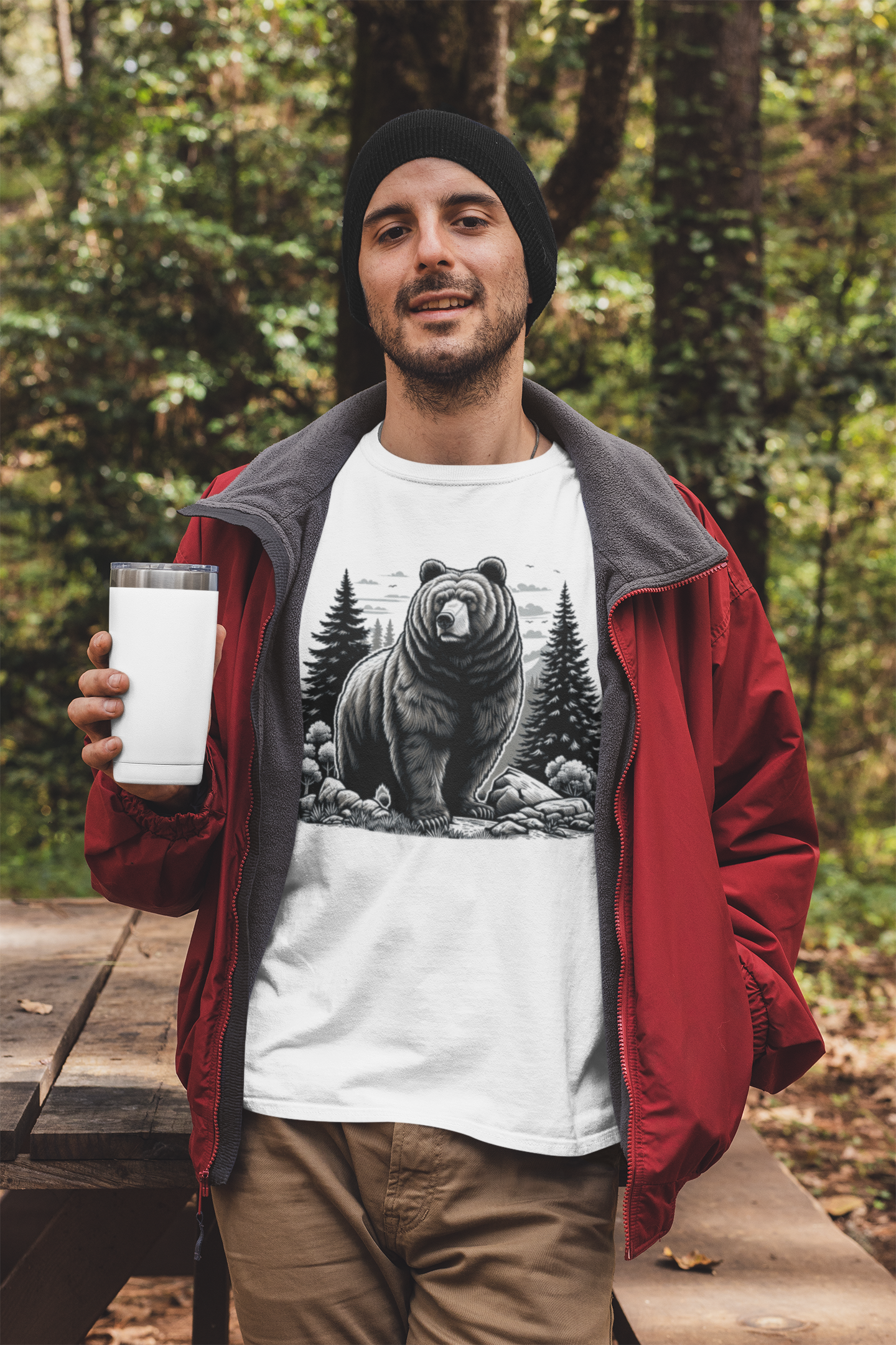 Majestic Wild Bear gazes intently at Stream Edge captivating Graphic T-Shirt