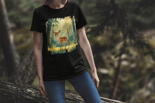 Curious Baby Deer Standing in serene forest with Sunlight Through Trees Graphic T-Shirt