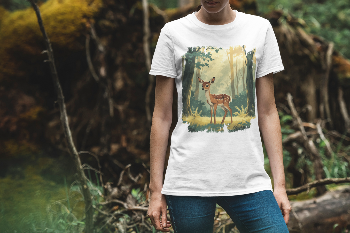 Curious Baby Deer Standing in serene forest with Sunlight Through Trees Graphic T-Shirt