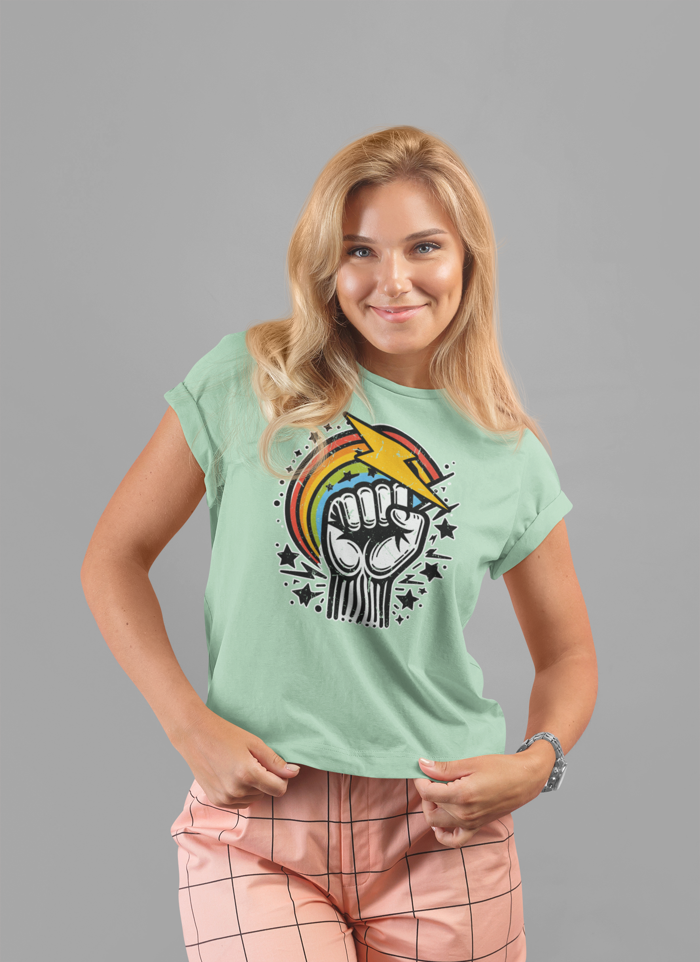 Rainbow Power & Pride – Raised Fist with Lightning Bolt and Rainbow Graphic T-Shirt