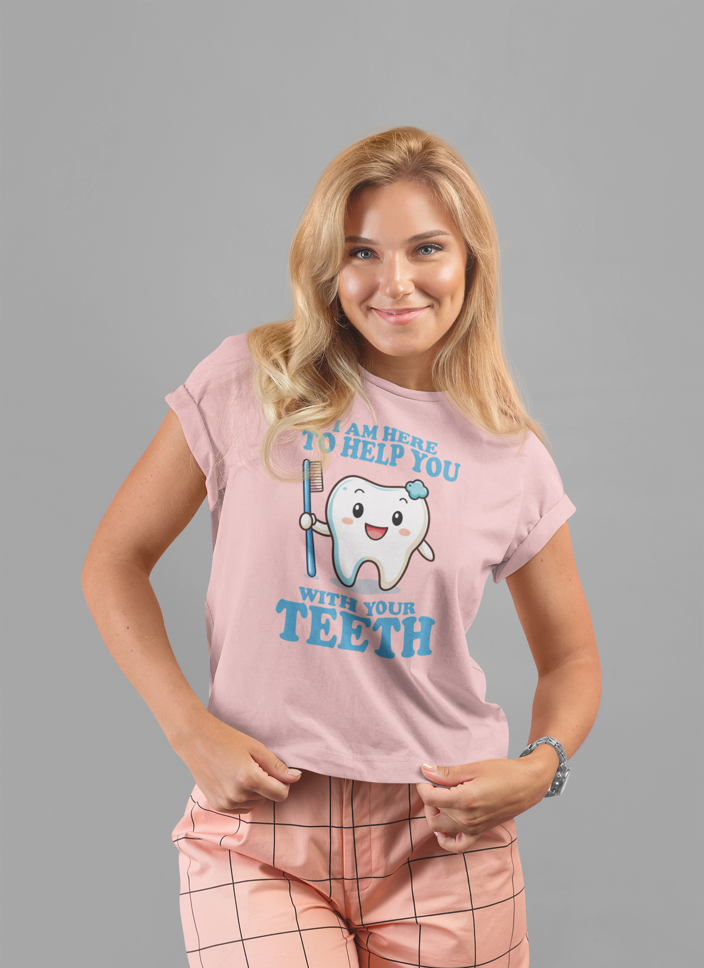 Smiling Tooth T Shirt with Toothbrush, Paste and "I'm Here to Help You With Your Teeth" Text
